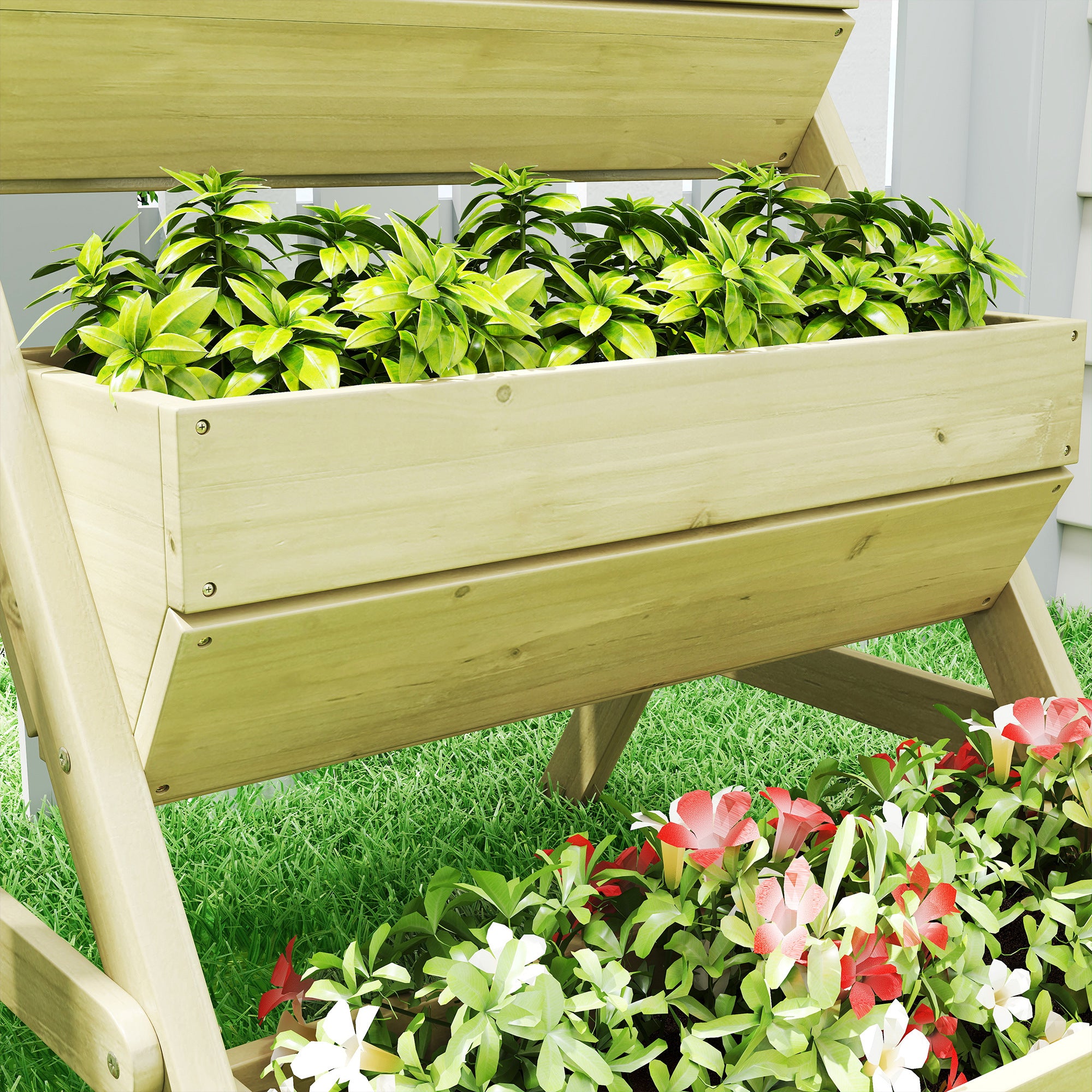 Vertical 3-Tier Wooden Raised Planter Box with 3 Planting Tubs, Drainage Holes – Flower & Herb Staircase for Terrace, Balcony, Garden, 25.6 x 29.5 x 29.9 in, Green