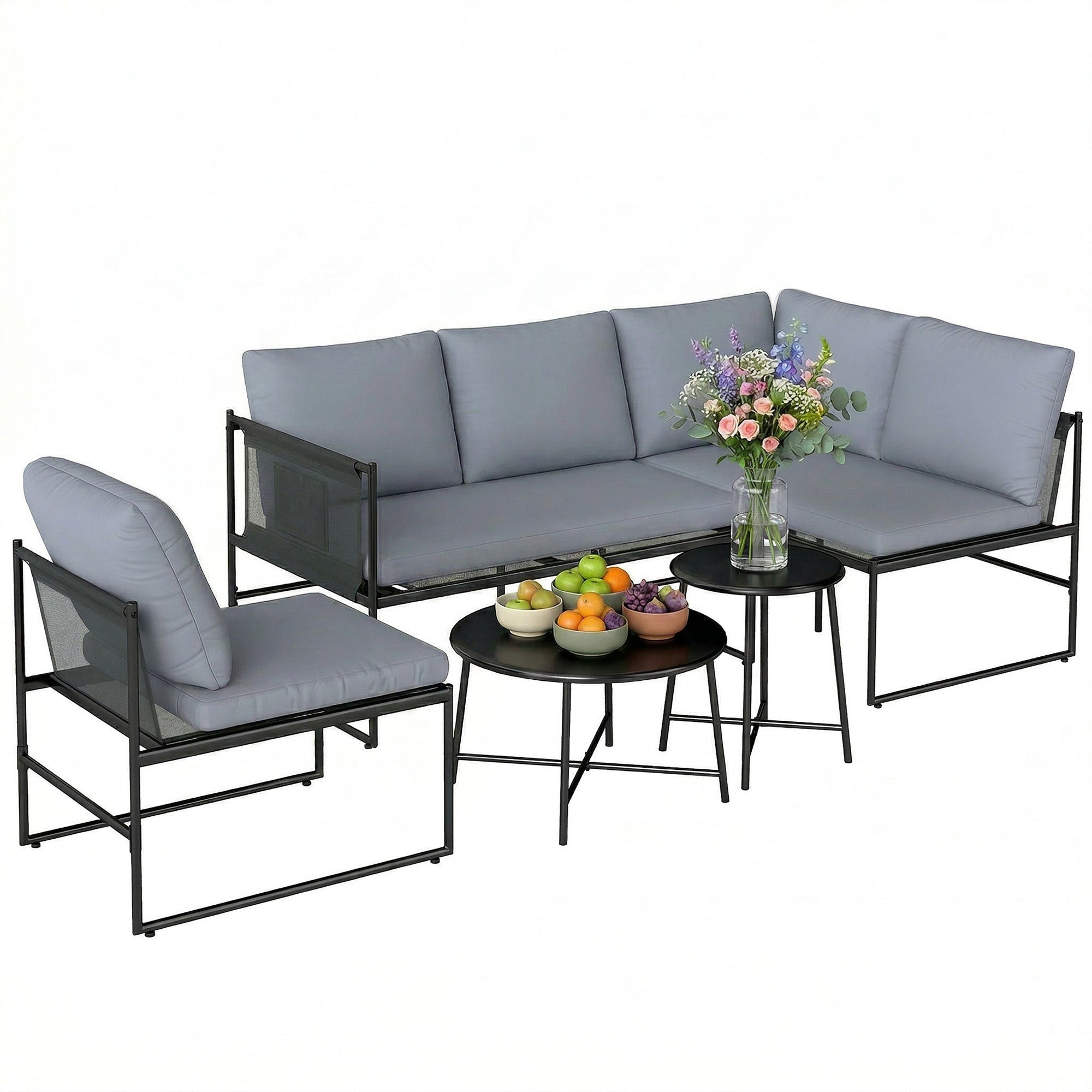 5-Piece Outdoor Lounge Set for 4–5 – Modular L-Shaped Sofa, Armless Chair, 2 Coffee Tables, Washable Cushions, Breathable Mesh Seats – Dark Gray