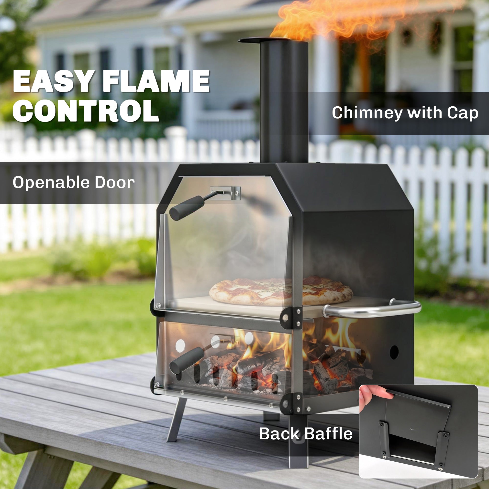Outdoor Wood-Fired Pizza Oven, Stainless Steel, 2-Tier with 1 cm Thick Pizza Stone, Folding Legs & Pizza Peel – Portable for Camping, Garden, Parties
