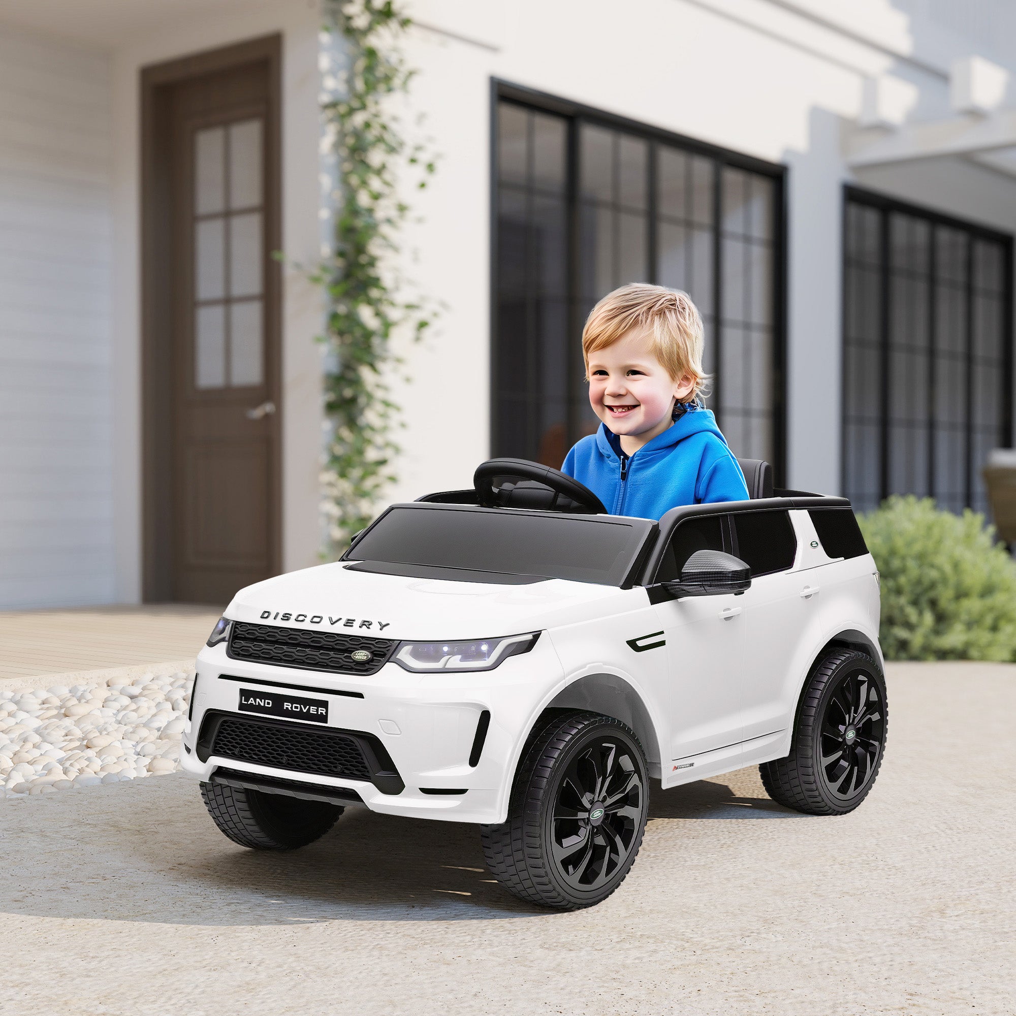 Kids Electric Car 12V Land Rover Discovery Sport Children's Vehicle with 2.4G Remote Control, Music, Horn, Electric Car with LED Lights, USB/MP3 Connection, 3-5 km/h, for Kids 3-6 Years, White