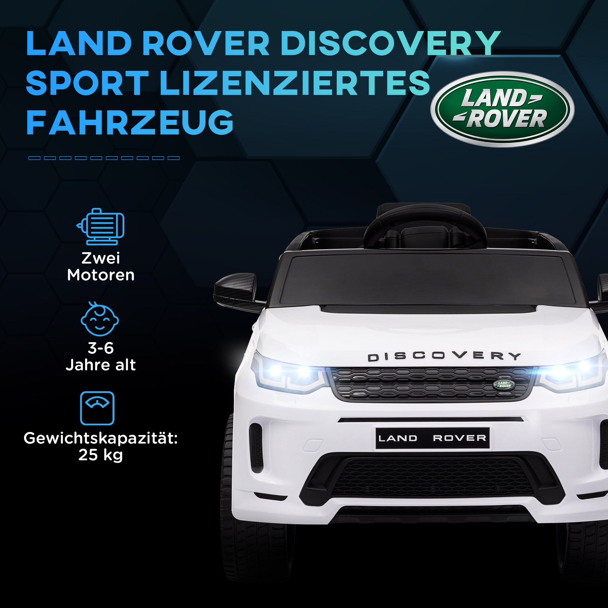 Kids Electric Car 12V Land Rover Discovery Sport Children's Vehicle with 2.4G Remote Control, Music, Horn, Electric Car with LED Lights, USB/MP3 Connection, 3-5 km/h, for Kids 3-6 Years, White