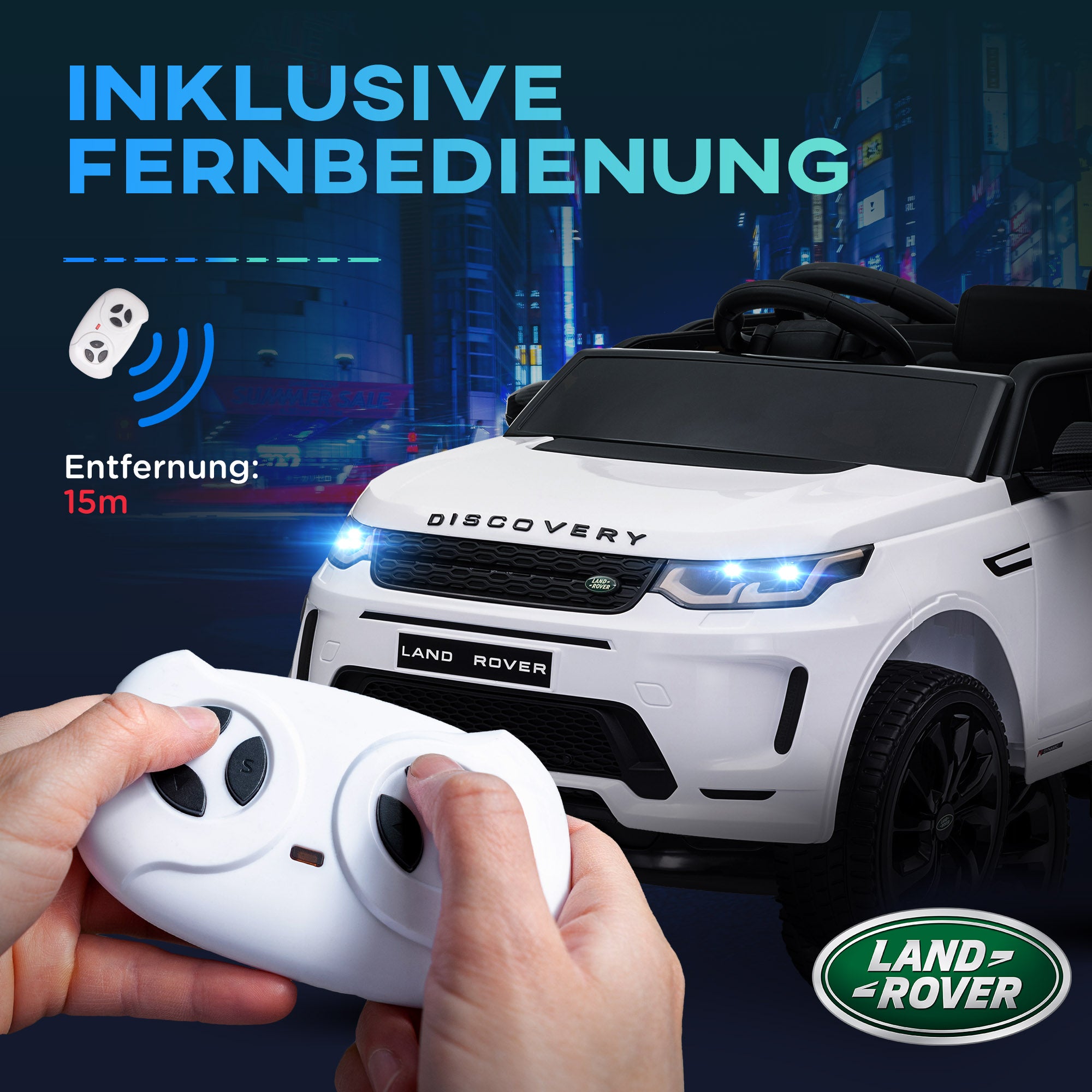 Kids Electric Car 12V Land Rover Discovery Sport Children's Vehicle with 2.4G Remote Control, Music, Horn, Electric Car with LED Lights, USB/MP3 Connection, 3-5 km/h, for Kids 3-6 Years, White