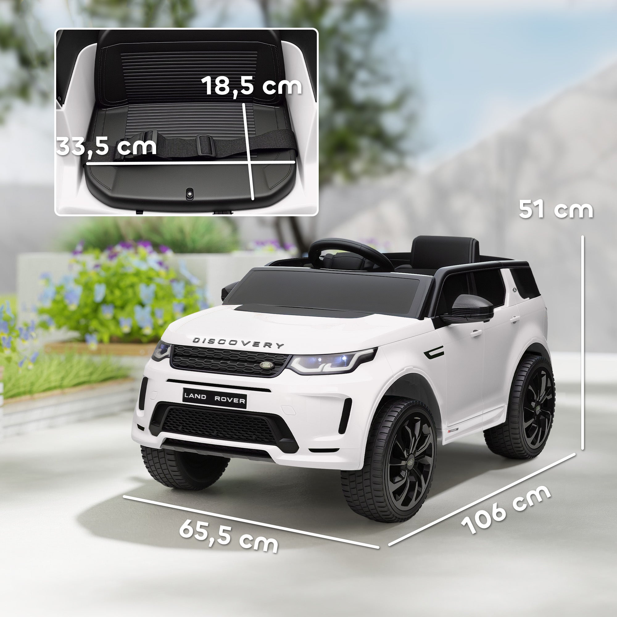 Kids Electric Car 12V Land Rover Discovery Sport Children's Vehicle with 2.4G Remote Control, Music, Horn, Electric Car with LED Lights, USB/MP3 Connection, 3-5 km/h, for Kids 3-6 Years, White