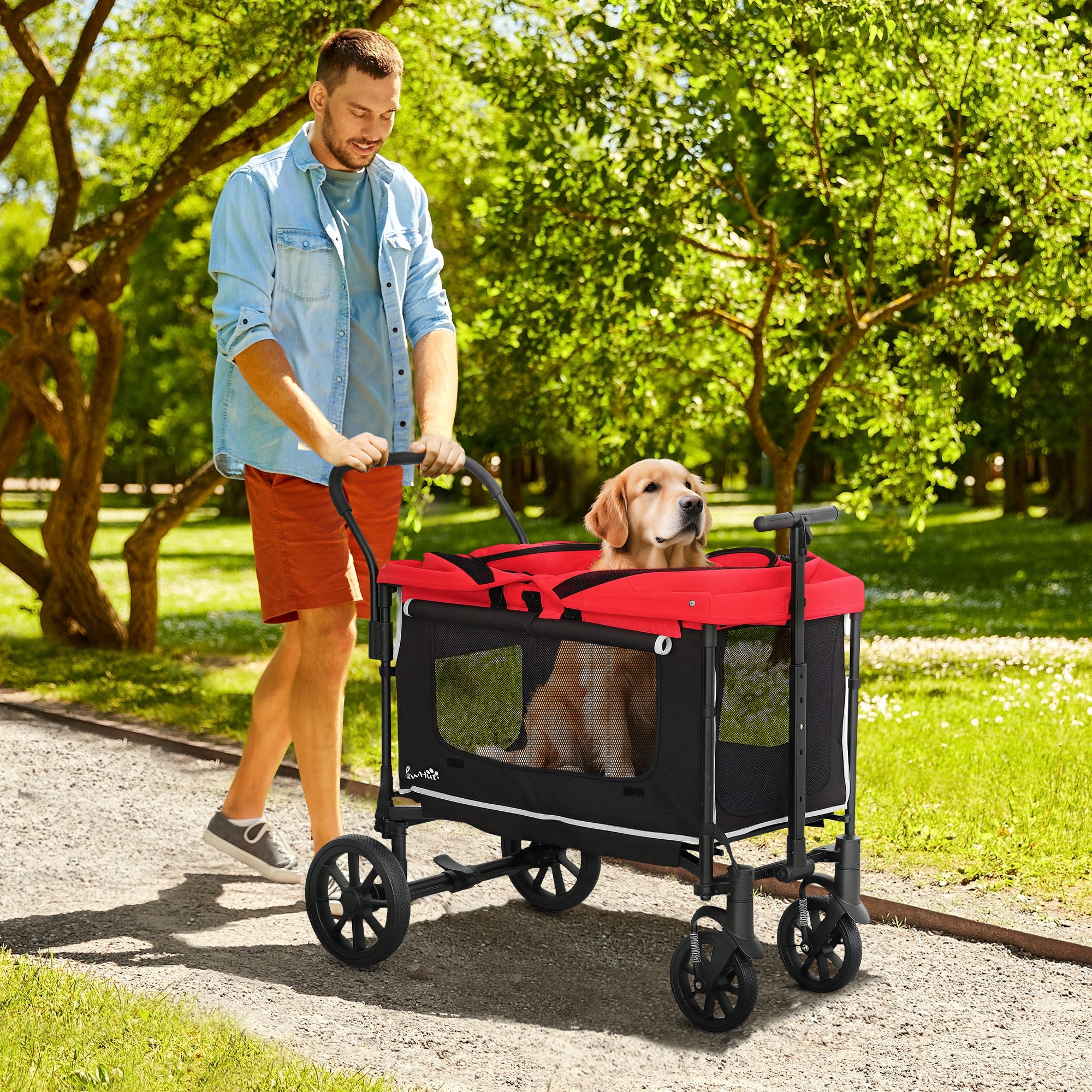 2-in-1 Folding Dog Stroller for Dogs & Cats up to 30 kg Pet Wagon with Cushion Mesh Windows 2 Doors Storage Bag Cat Stroller Buggy Red