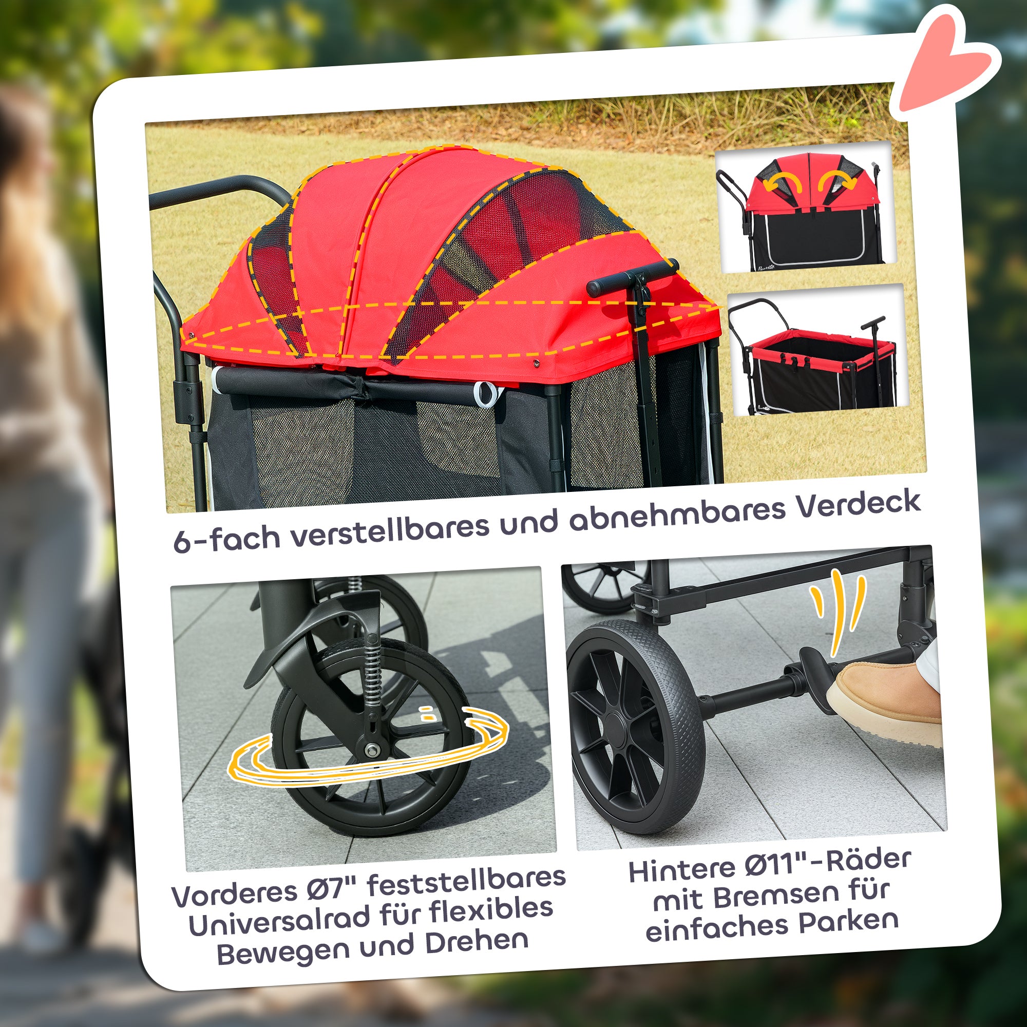 2-in-1 Folding Dog Stroller for Dogs & Cats up to 30 kg Pet Wagon with Cushion Mesh Windows 2 Doors Storage Bag Cat Stroller Buggy Red