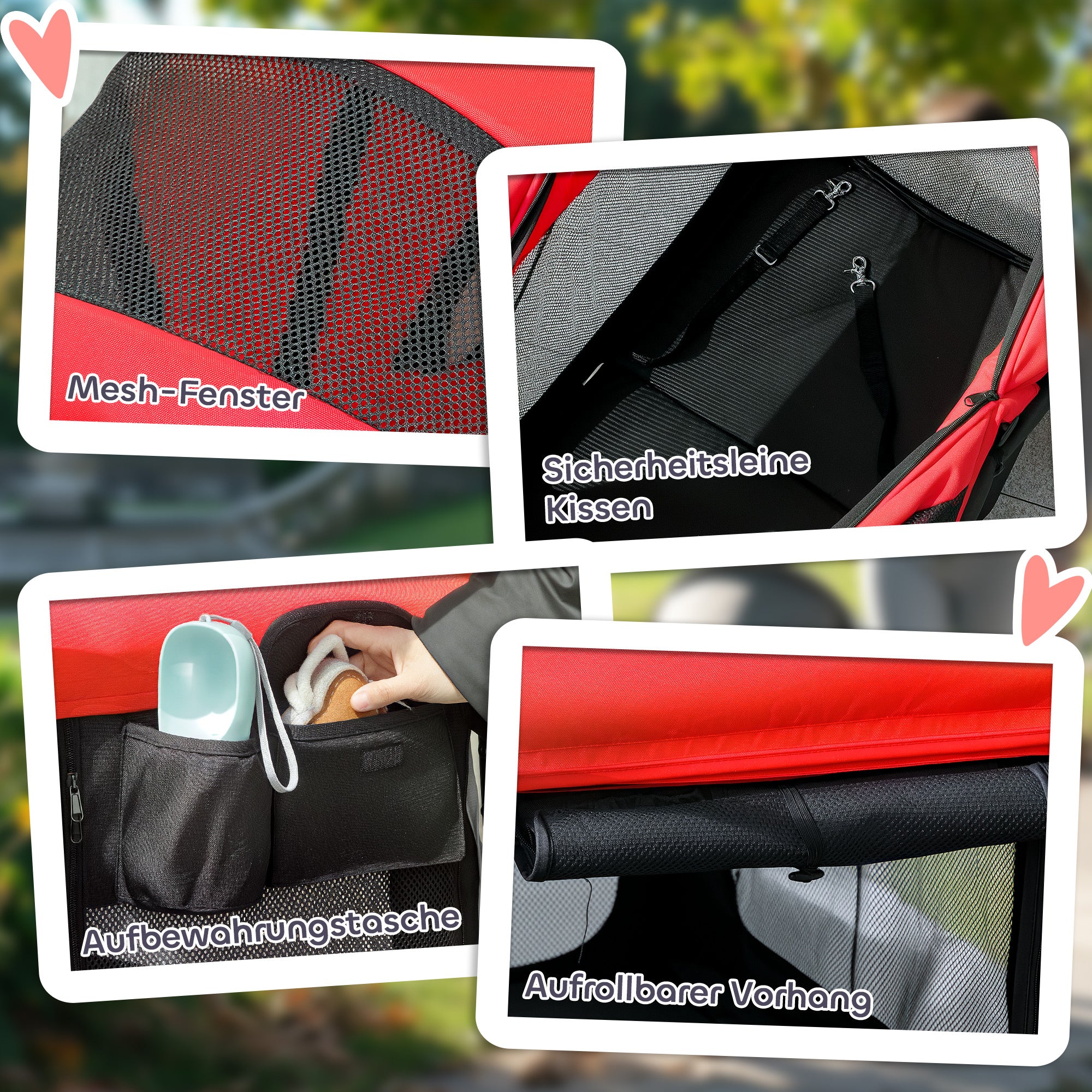 2-in-1 Folding Dog Stroller for Dogs & Cats up to 30 kg Pet Wagon with Cushion Mesh Windows 2 Doors Storage Bag Cat Stroller Buggy Red