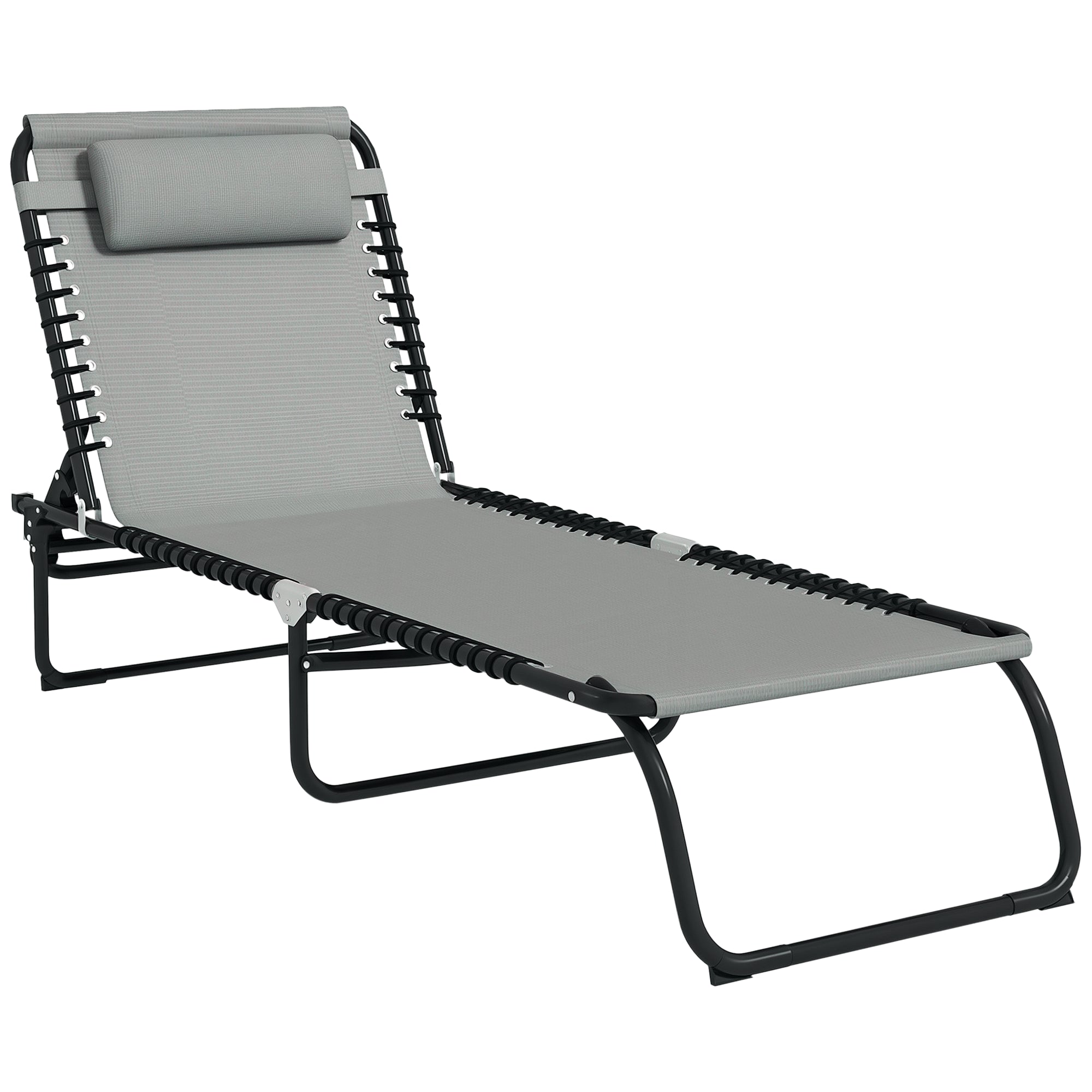 Folding Sun Lounger with 4-Position Adjustable Backrest and Head Cushion, Weather-Resistant Chaise Lounge for Camping, Garden, Beach & Pool — Light Gray, Up to 265 lb