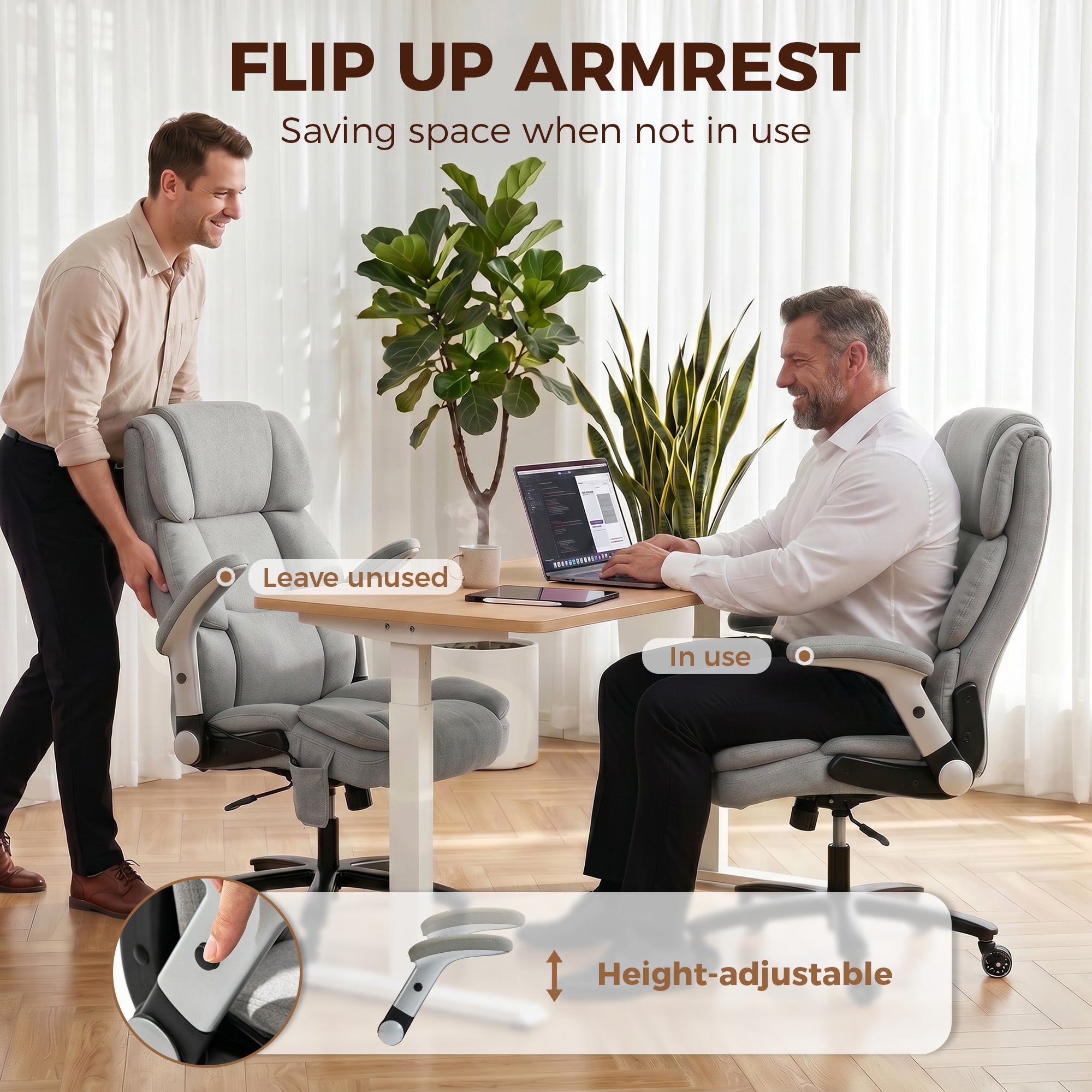 Office Chair — 397 lb Capacity, Inflatable Lumbar Support, Extra-Wide Executive Seat, Flip-Up Arms, Pocket Springs, Class-4 Gas Lift, Light Gray