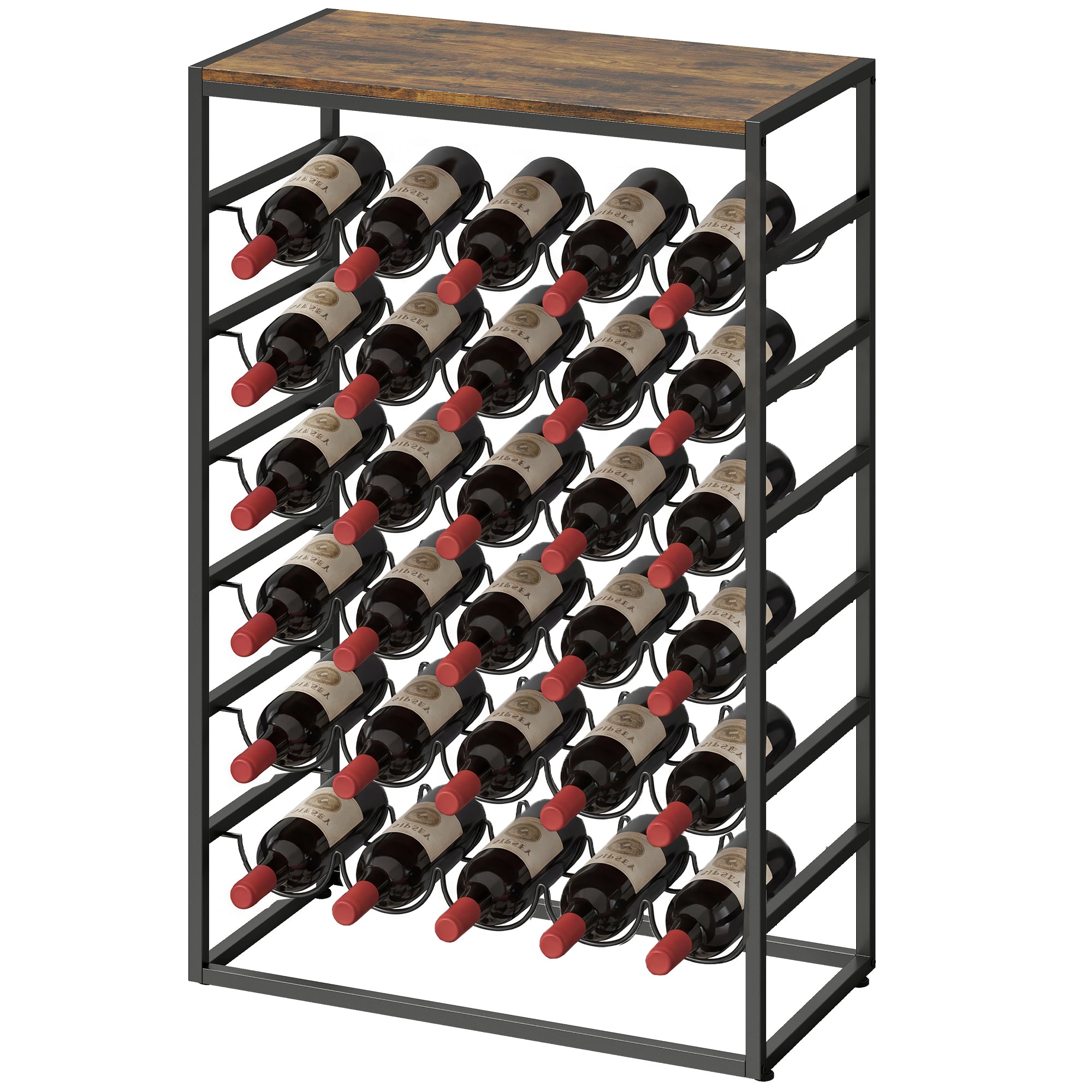 30-Bottle Wine Rack, 6-Tier Wood-Effect Top, Industrial Metal Shelf for Cellar, Bar, Basement — 23.2 x 11.8 x 34.8 in (59 x 30 x 88.5 cm), Rustic Brown