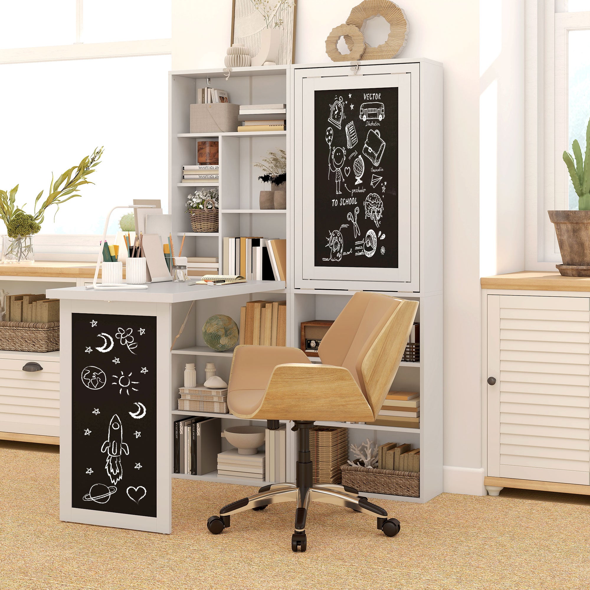 Folding Computer Desk, Desk with Storage, Wall-Mounted Foldable Table with Bookshelf, Workstation, Chalkboard, and Adjustable Shelf, White