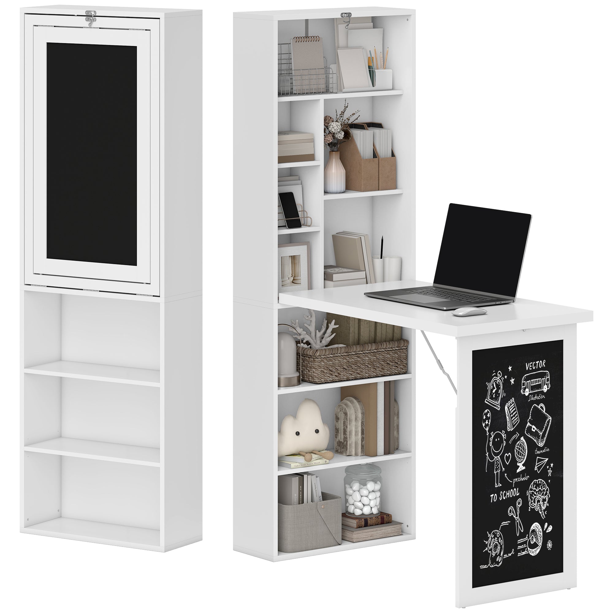 Folding Computer Desk, Desk with Storage, Wall-Mounted Foldable Table with Bookshelf, Workstation, Chalkboard, and Adjustable Shelf, White