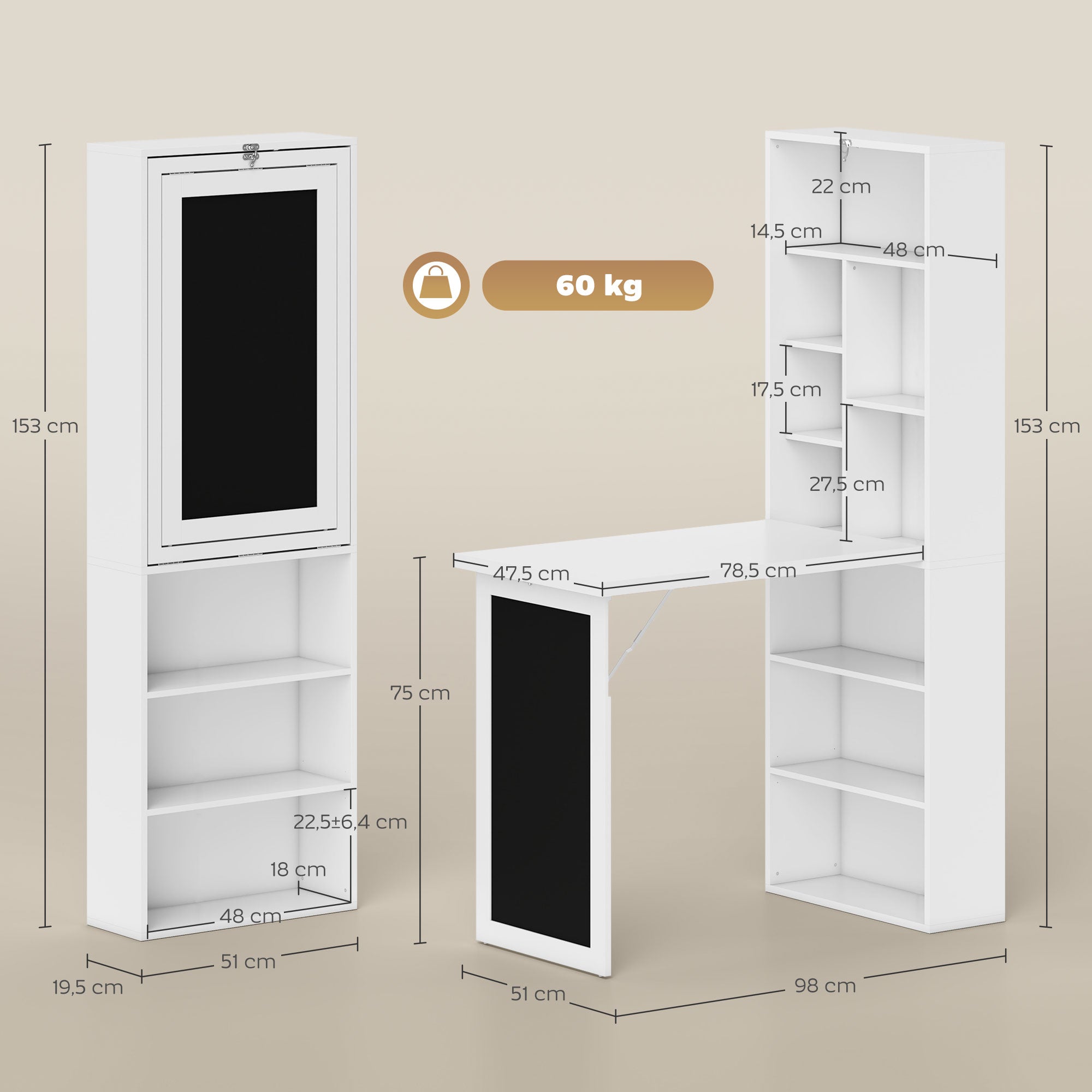 Folding Computer Desk, Desk with Storage, Wall-Mounted Foldable Table with Bookshelf, Workstation, Chalkboard, and Adjustable Shelf, White