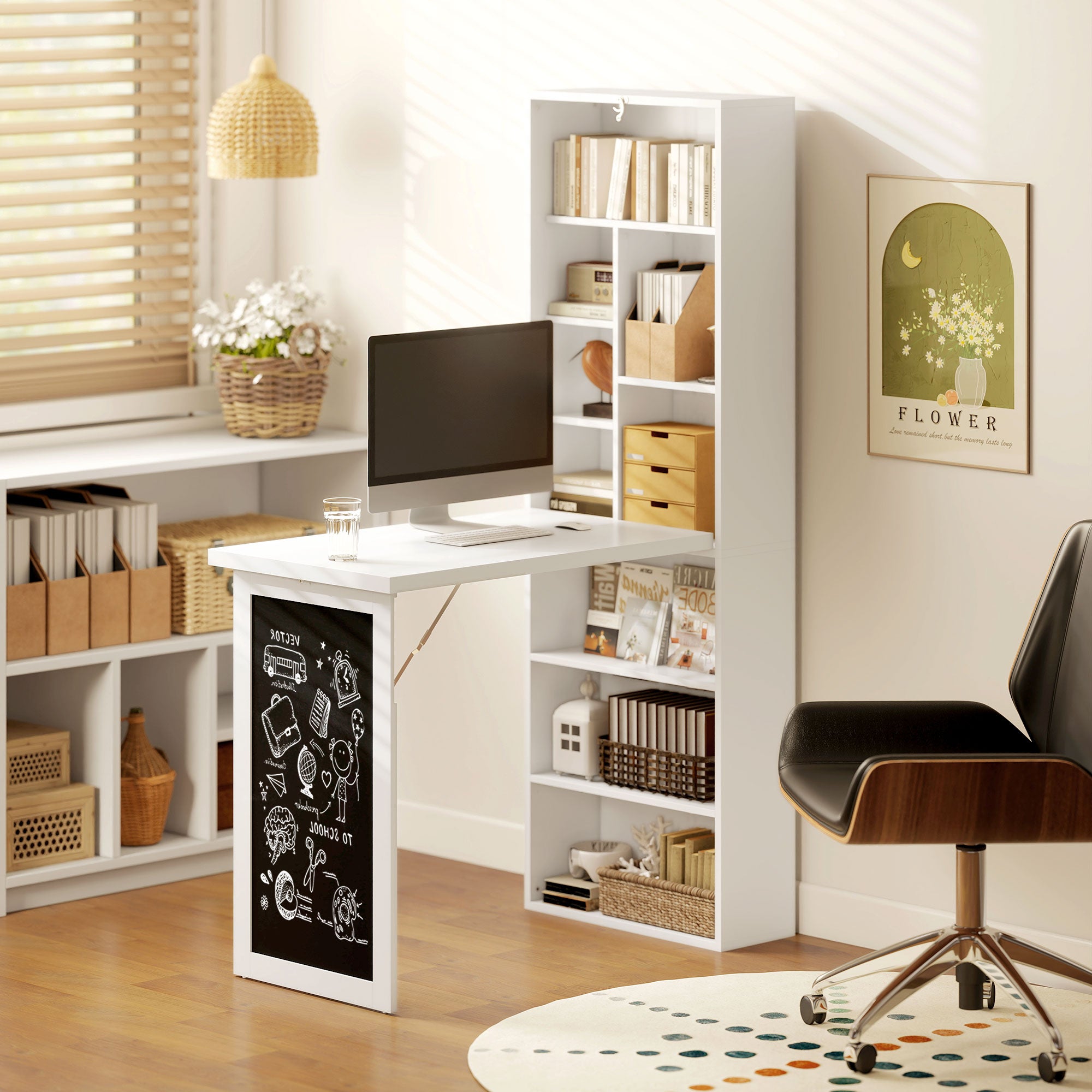 Folding Computer Desk, Desk with Storage, Wall-Mounted Foldable Table with Bookshelf, Workstation, Chalkboard, and Adjustable Shelf, White