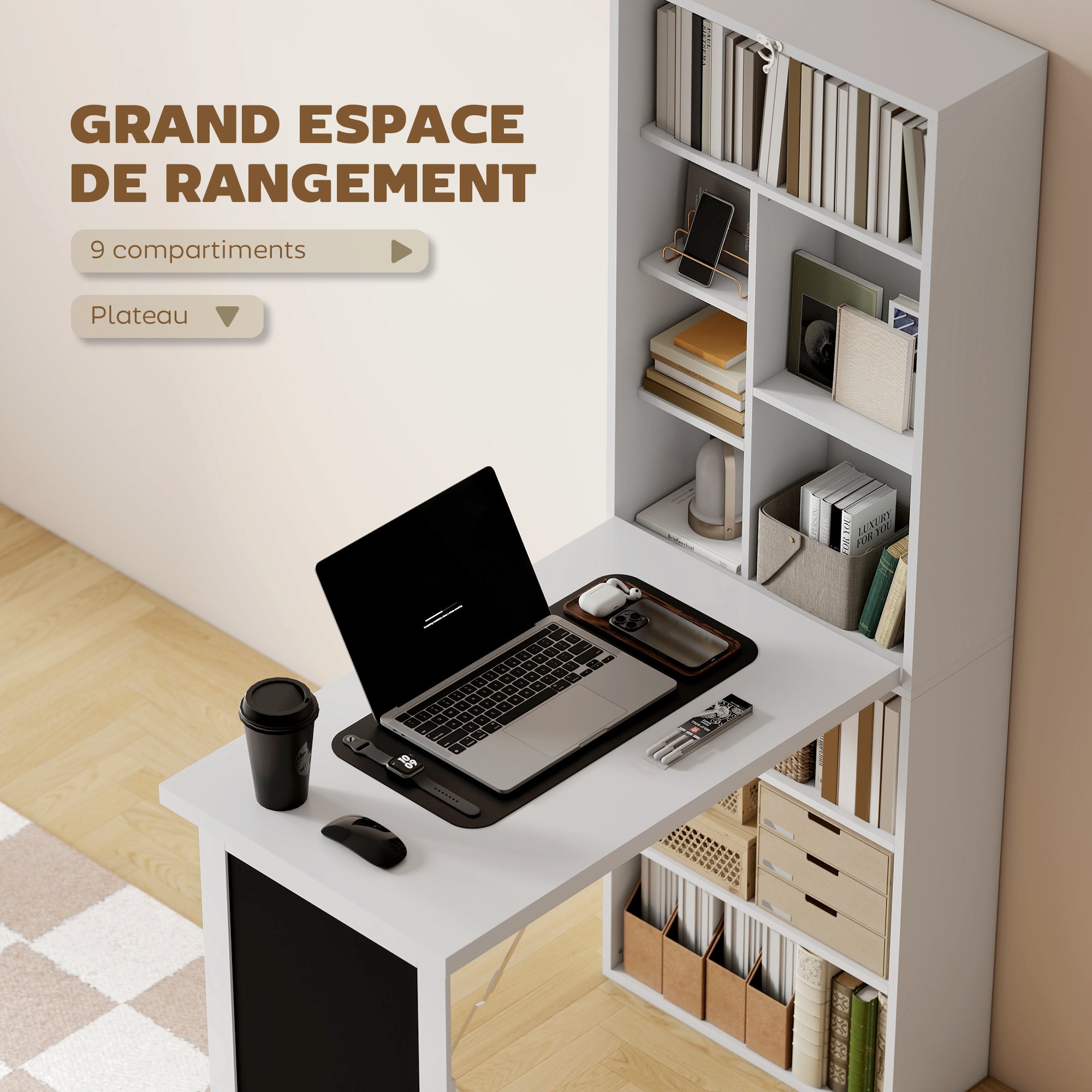 Folding Computer Desk, Desk with Storage, Wall-Mounted Foldable Table with Bookshelf, Workstation, Chalkboard, and Adjustable Shelf, White