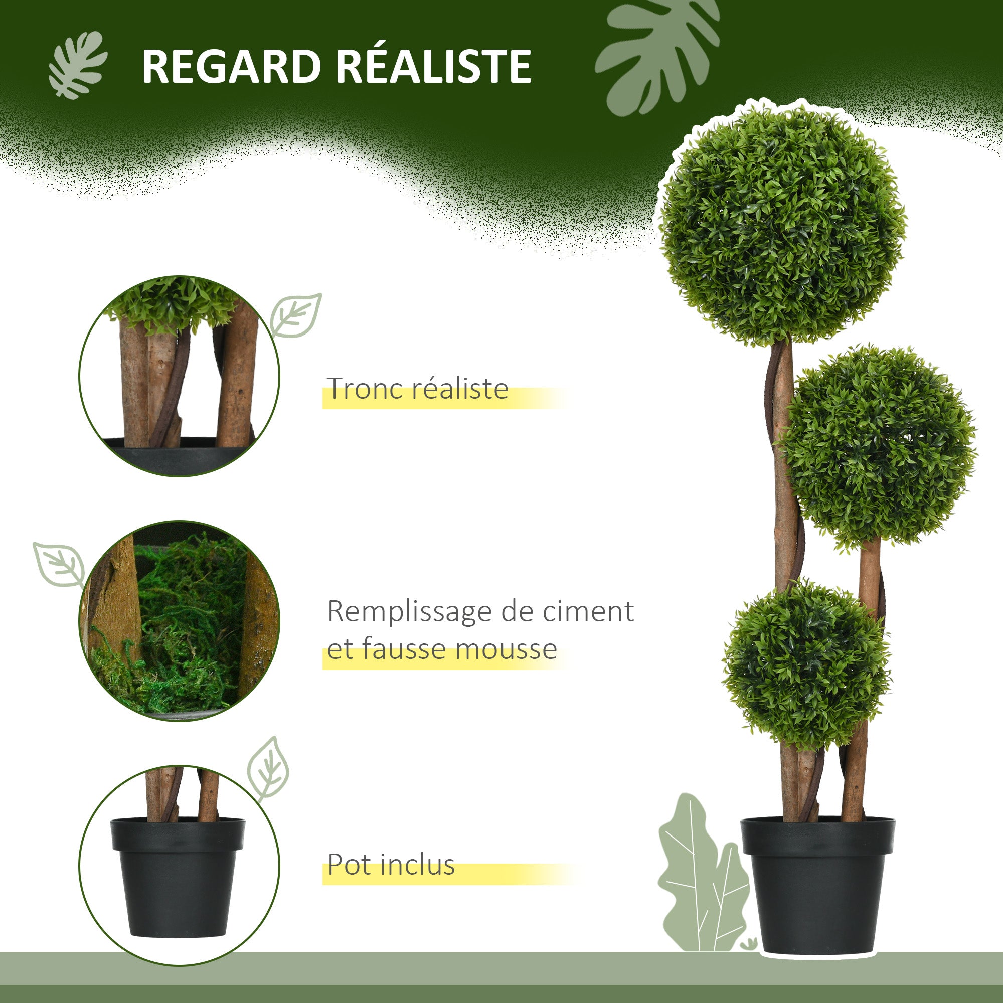 Artificial Tree, Artificial Plant, Boxwood with 3 Bamboo Leaf Balls, Pot Included, Indoor and Outdoor, Height 110 cm, No Assembly Required, Green