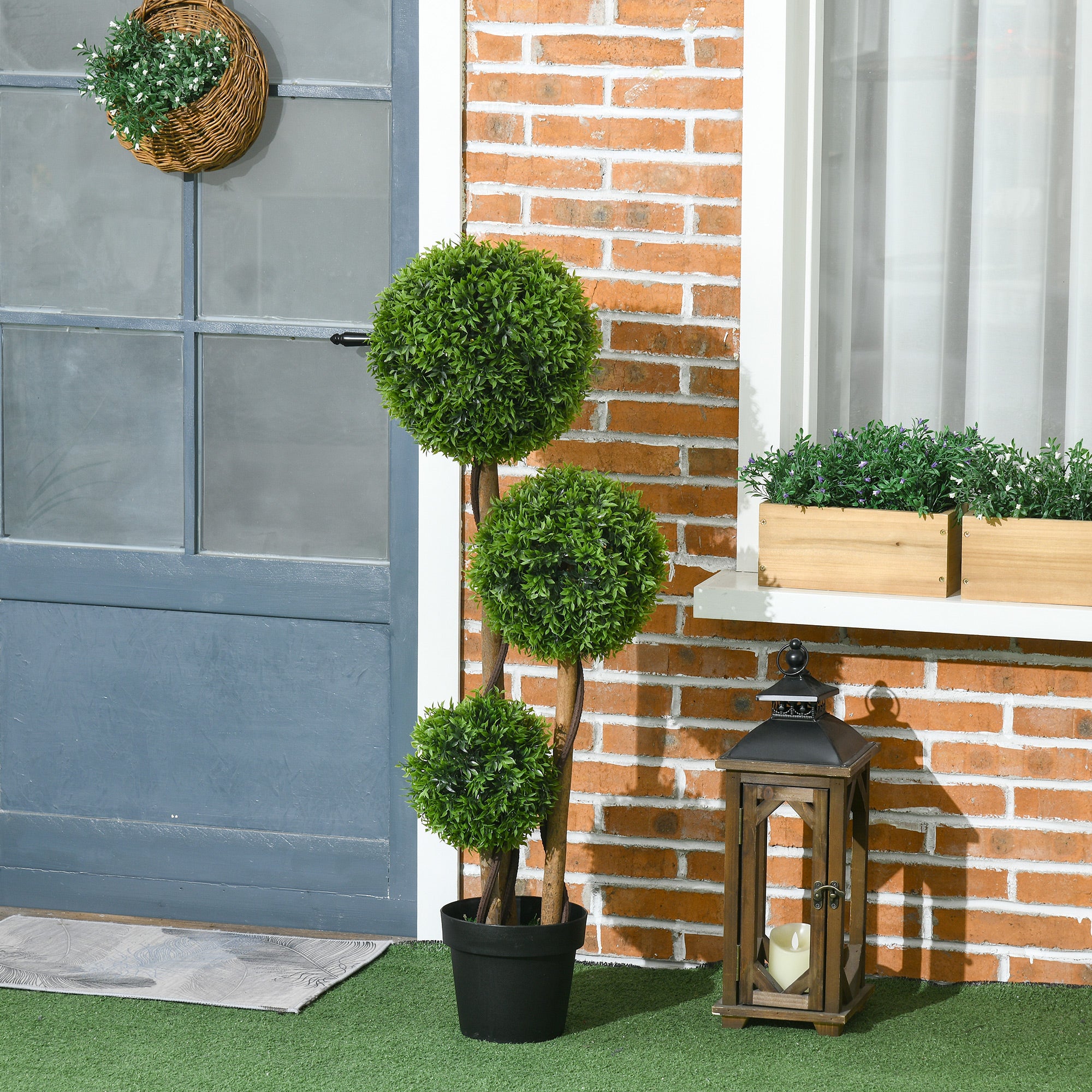 Artificial Tree, Artificial Plant, Boxwood with 3 Bamboo Leaf Balls, Pot Included, Indoor and Outdoor, Height 110 cm, No Assembly Required, Green