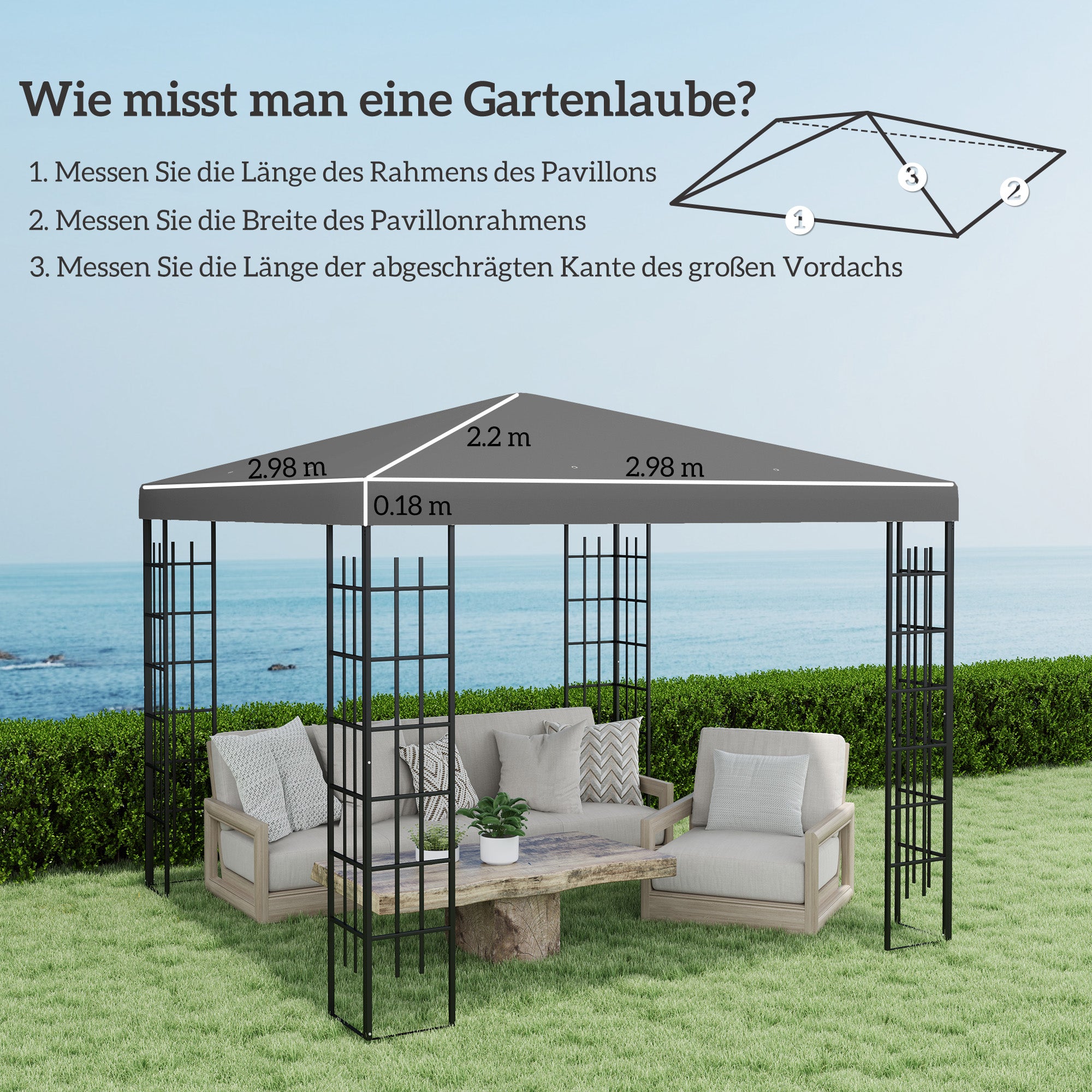 Replacement Roof for Pavilion 3 x 3 m, waterproof Pavilion Canopy, Replacement Cover for Garden Pavilion, Parts made of Oxford Fabric, 370 g/m², Dark Gray