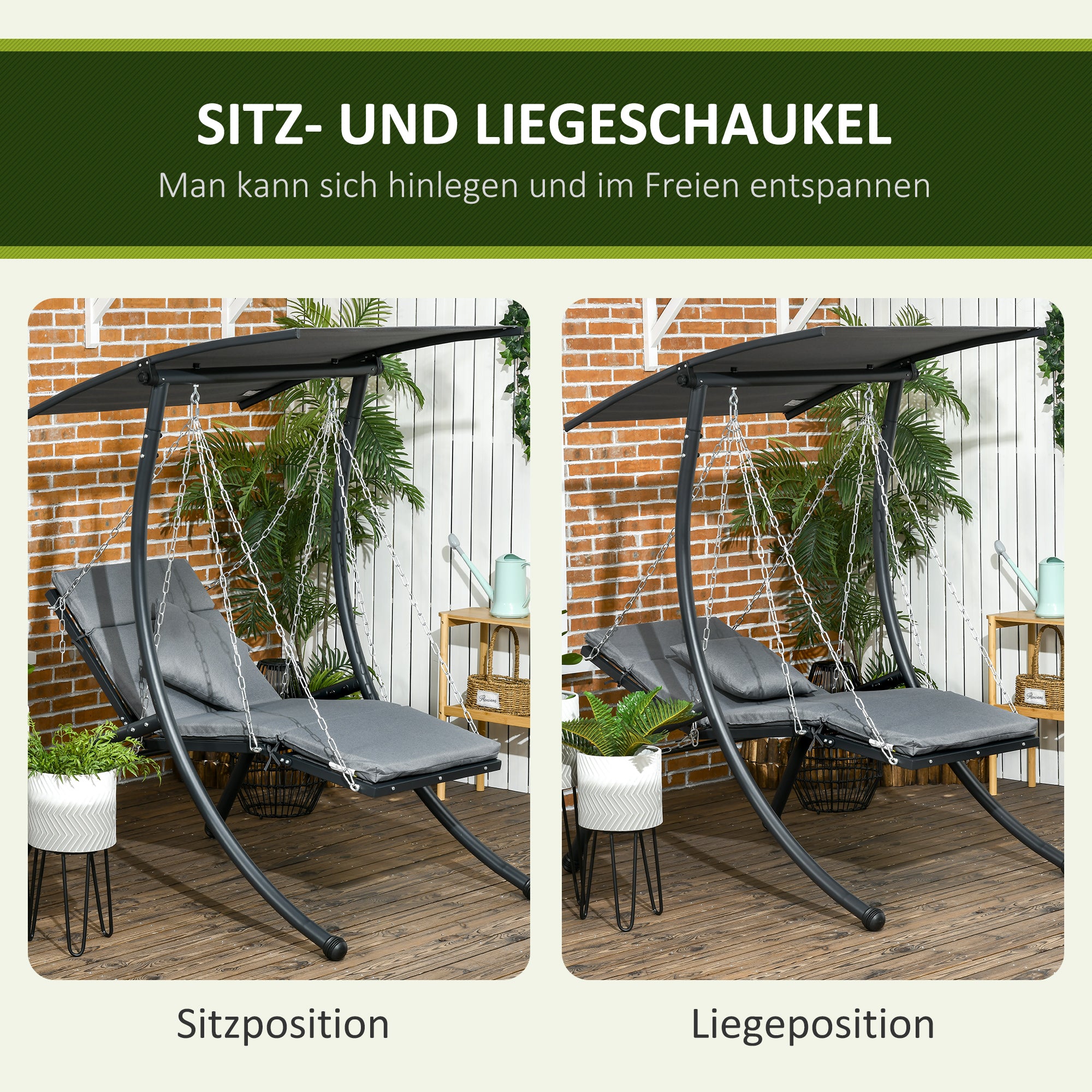 Hollywood Swing, Garden Swing with Cushion, Hanging Bed with Adjustable Sunroof for Garden, Balcony, 108 x 145 x 169 cm, Steel, Dark Grey