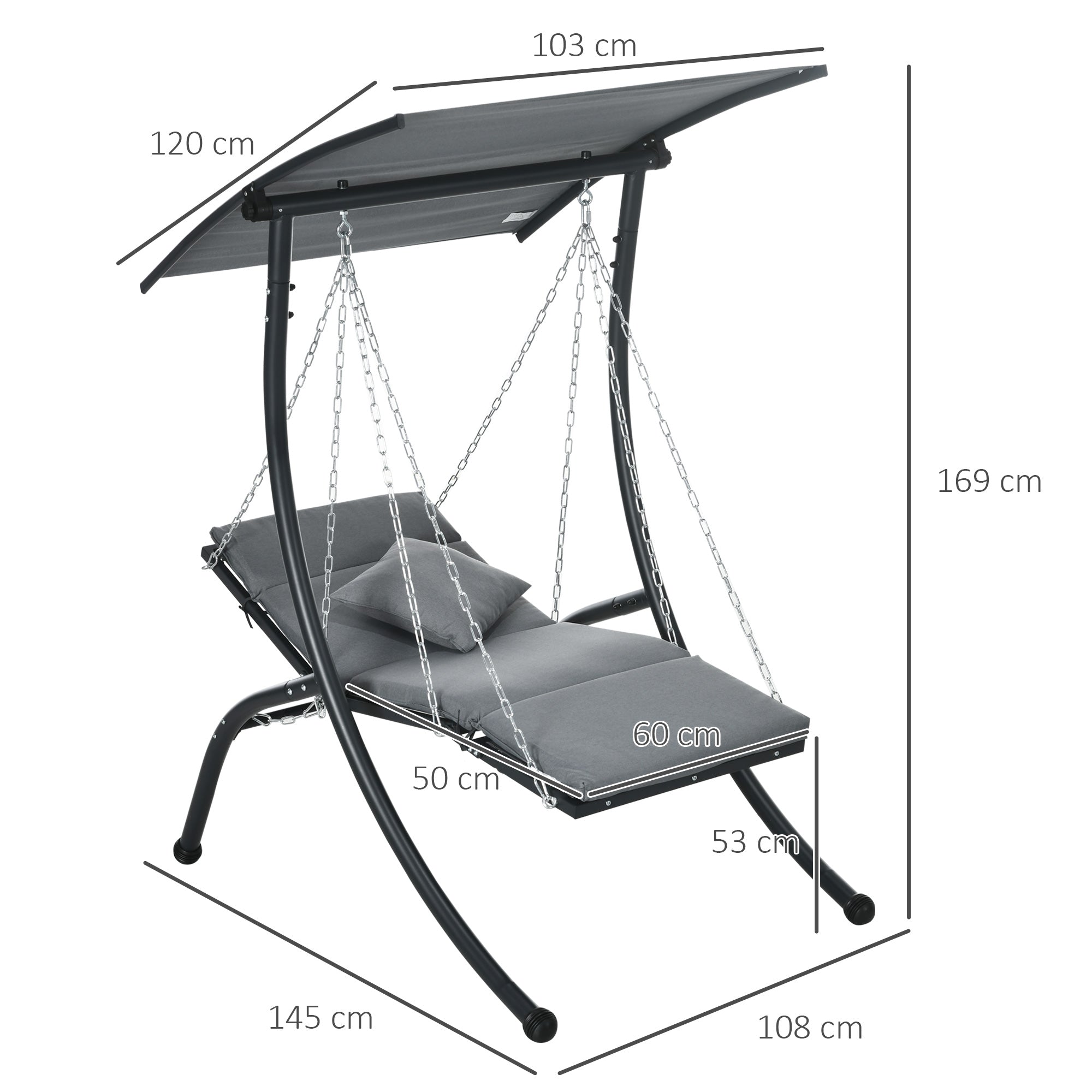 Hollywood Swing, Garden Swing with Cushion, Hanging Bed with Adjustable Sunroof for Garden, Balcony, 108 x 145 x 169 cm, Steel, Dark Grey