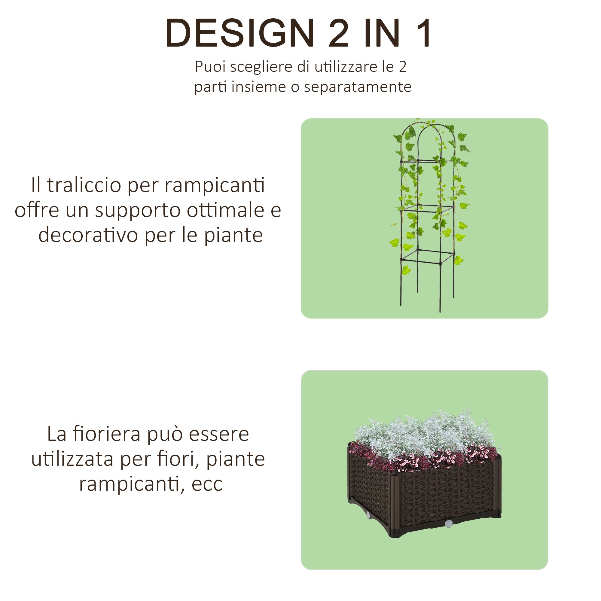 Outdoor Planter with Self-Watering Pot and Trellis Shelf for Climbing Plants Brown and Black, 40x40x177cm