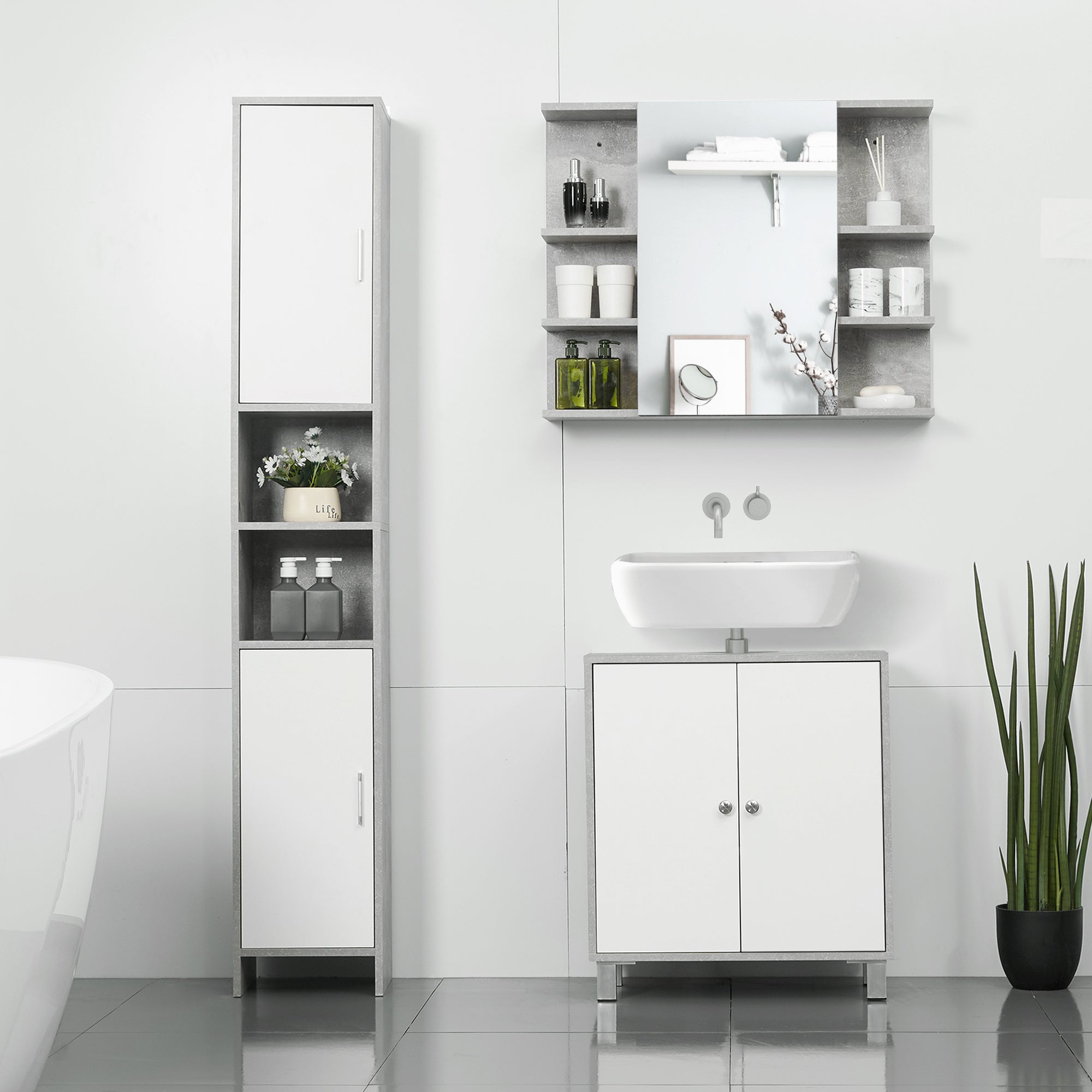 Wall-Mounted Bathroom Mirror Cabinet, Modern Wooden Wall Cabinet with Mirror Door and Shelves, 80x19.8x64cm, Gray