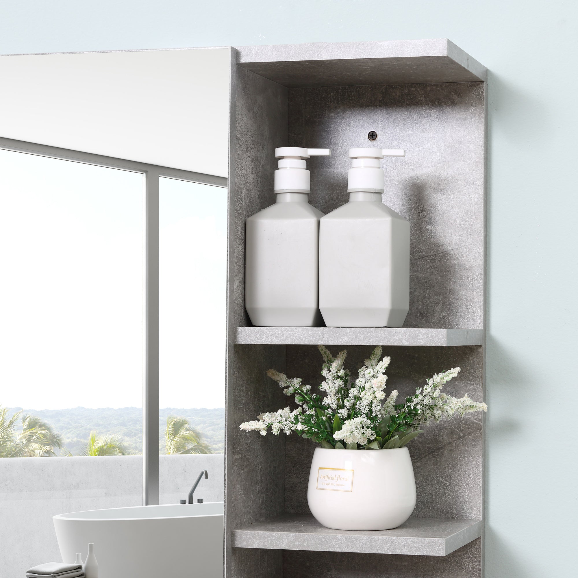 Wall-Mounted Bathroom Mirror Cabinet, Modern Wooden Wall Cabinet with Mirror Door and Shelves, 80x19.8x64cm, Gray