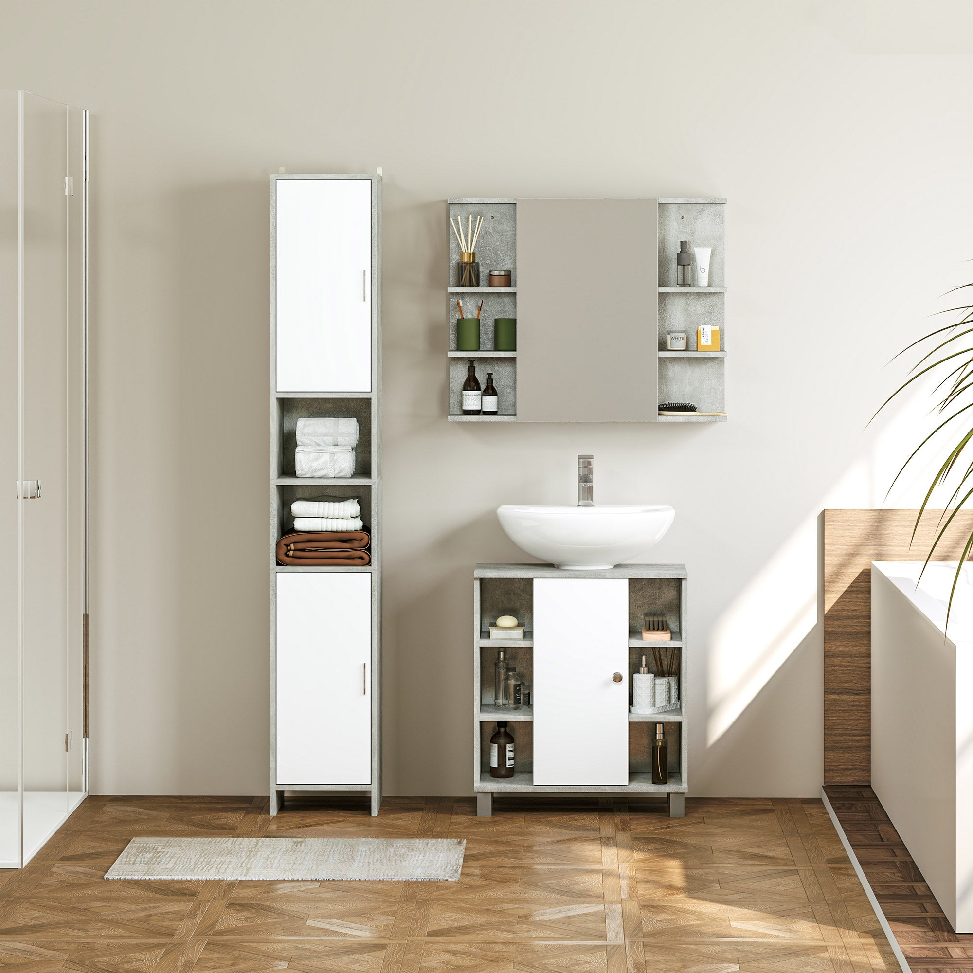 Wall-Mounted Bathroom Mirror Cabinet, Modern Wooden Wall Cabinet with Mirror Door and Shelves, 80x19.8x64cm, Gray