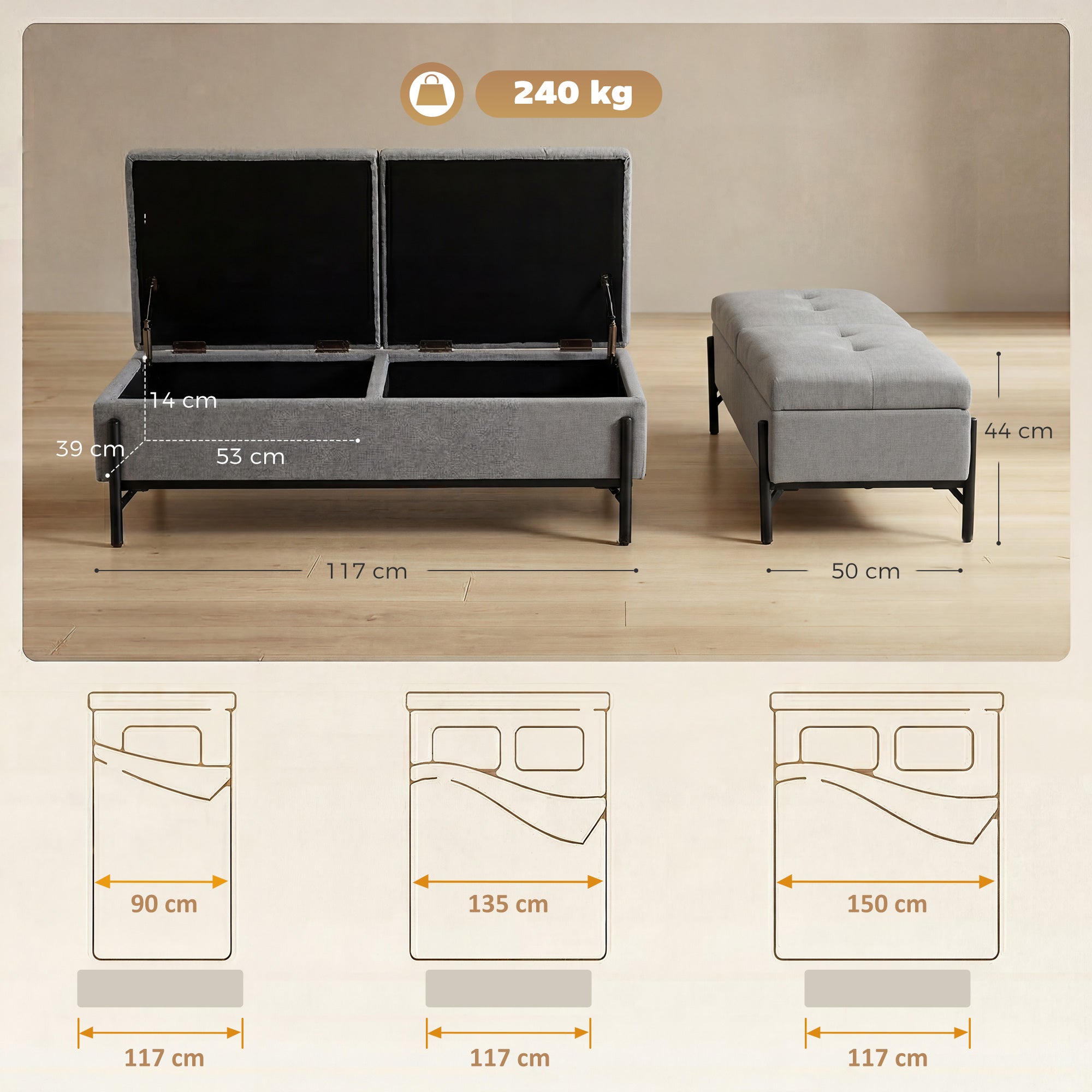 Storage Bench, Linen Ottoman with 2 Compartments, Hinged Lids and Extra-Thick Cushion, Button-Tufted Seat, for Bedroom, Living Room, Hallway — 46.1 x 19.7 x 17.3 in (117 x 50 x 44 cm), Gray