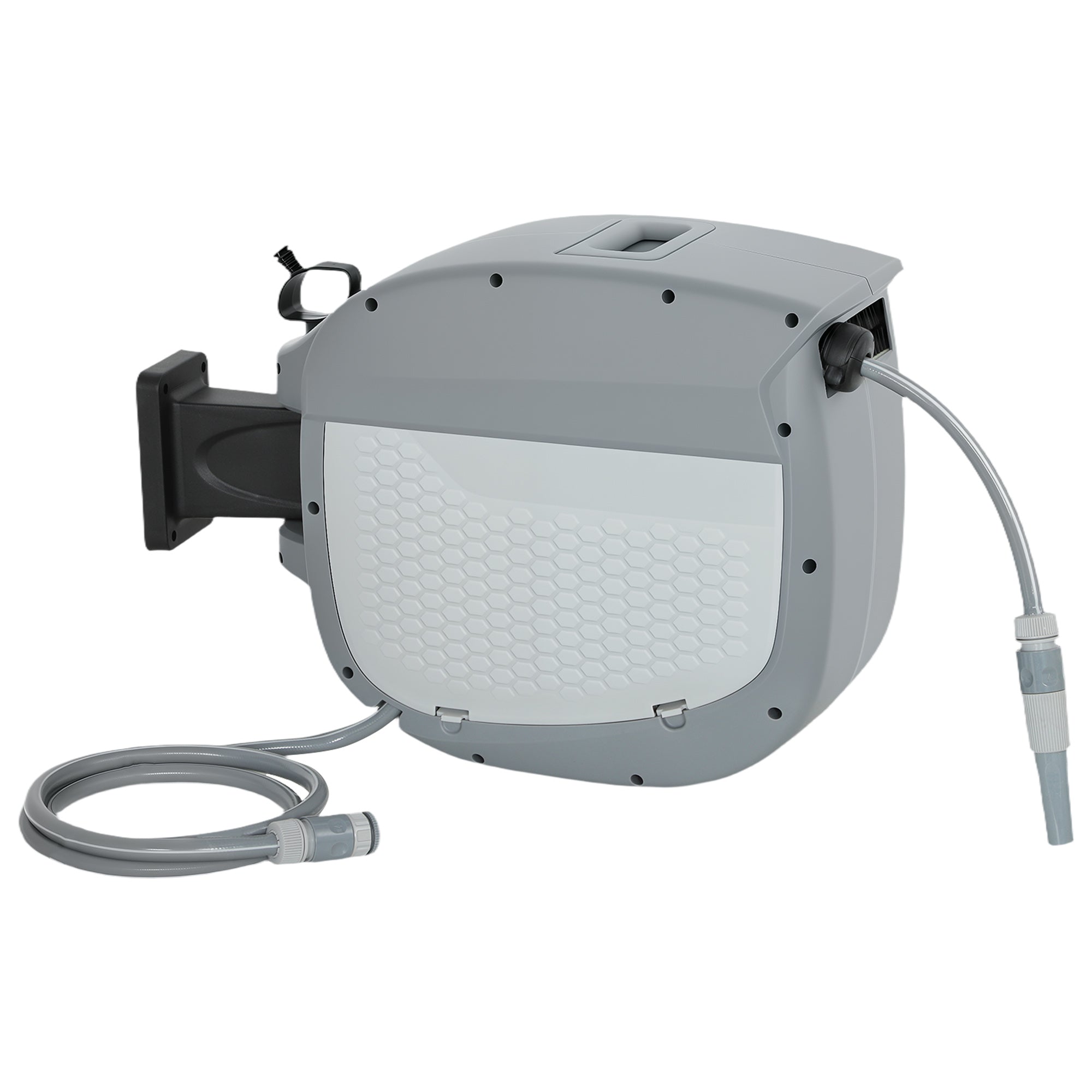 98 ft (30 m) Retractable Garden Hose Reel — 180° Swivel, Auto-Retract & Self-Locking, Wall-Mount, Gray