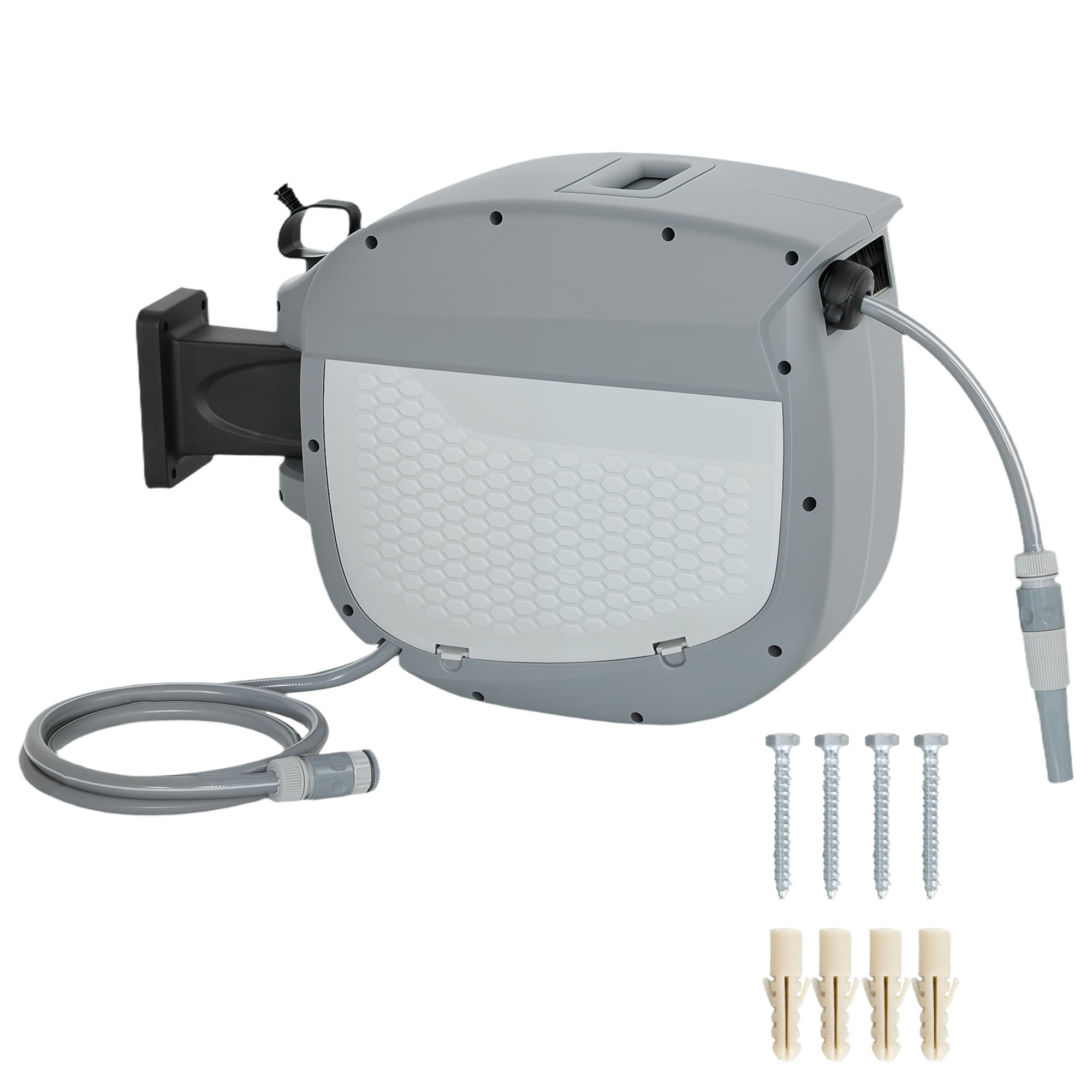 98 ft (30 m) Retractable Garden Hose Reel — 180° Swivel, Auto-Retract & Self-Locking, Wall-Mount, Gray