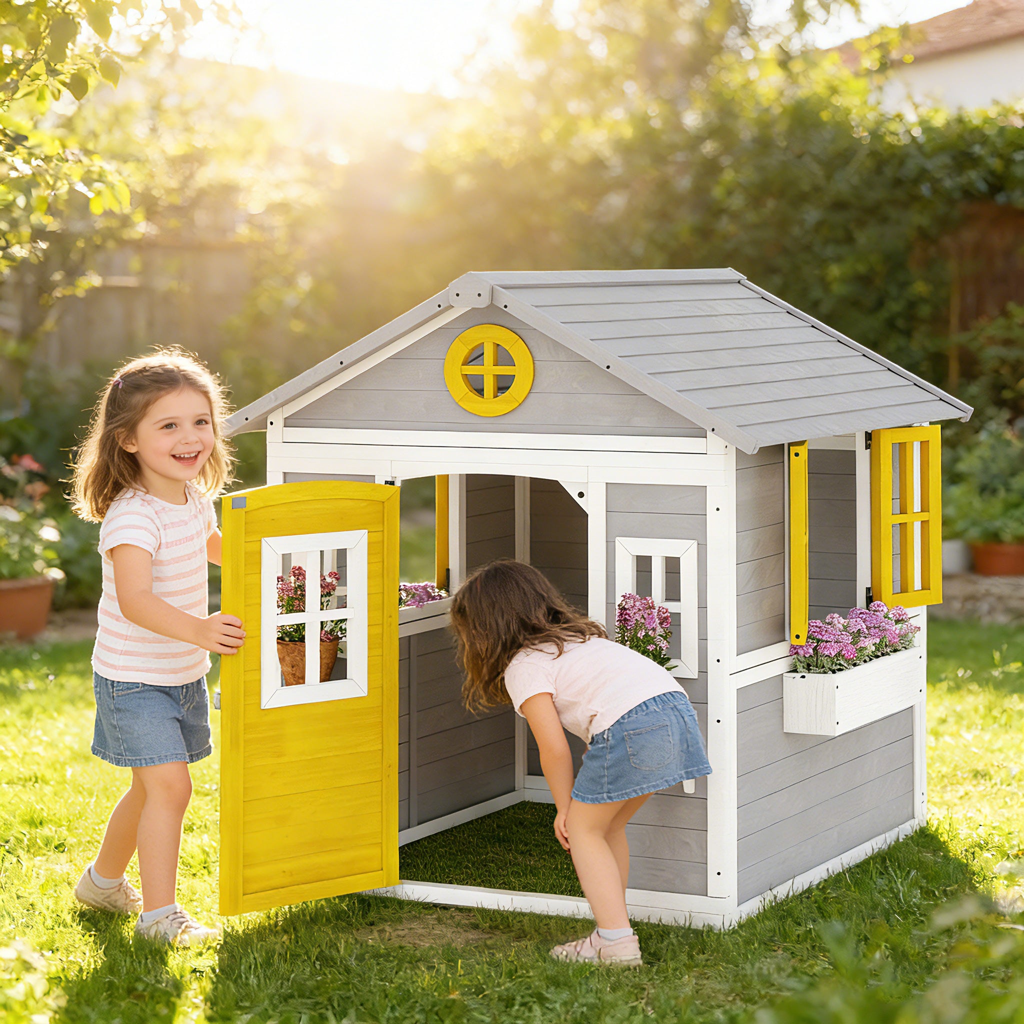 Wooden Indoor/Outdoor Playhouse with Door, Windows, Planters & Shelves — Gray, Ages 3–8