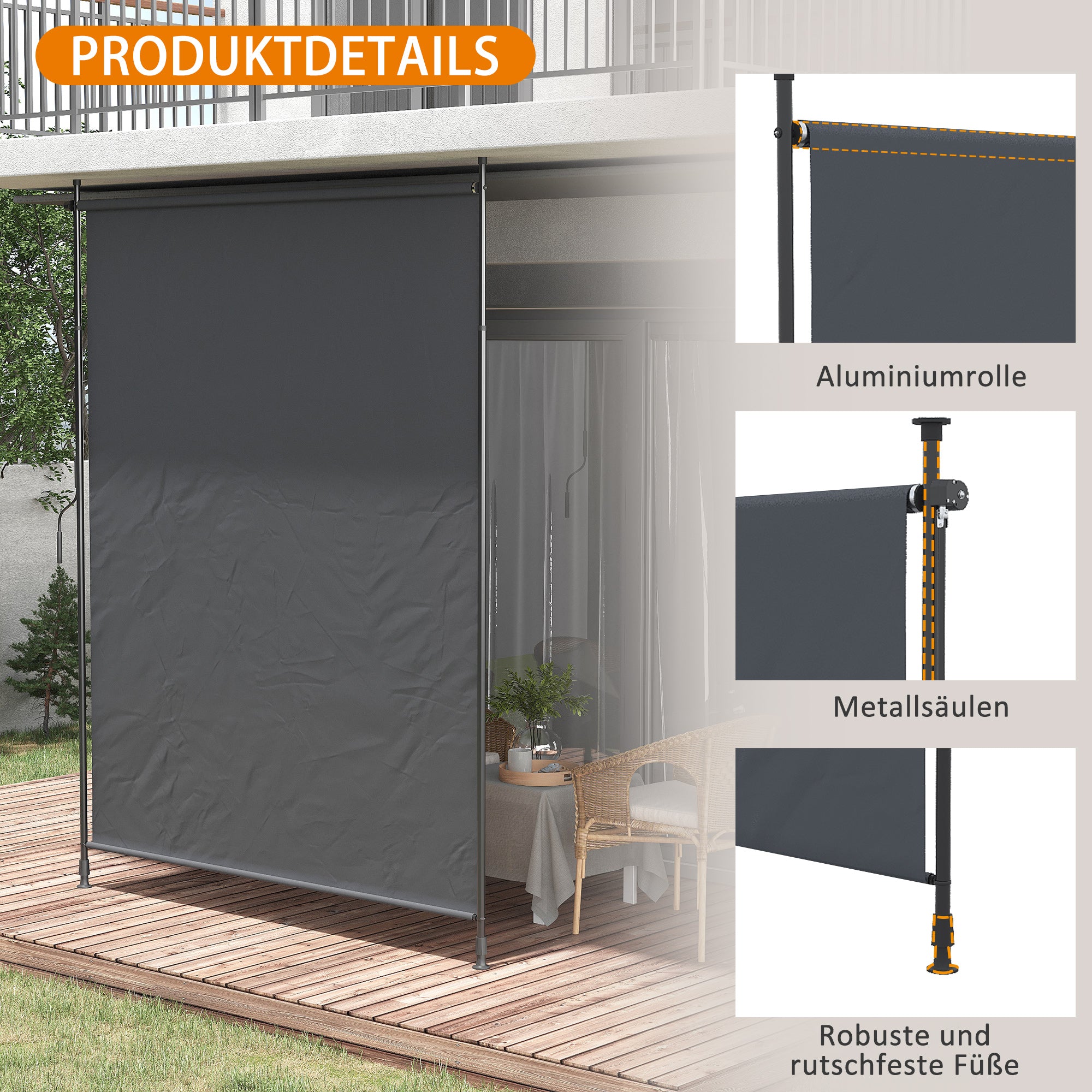 Vertical Awning, Vertical Awning with Hand Crank, Waterproof Privacy Screen, Retractable Sun Protection UV Resistant, Adjustable Side Awning, 200 x 215-305 cm for Balcony, Terrace, Gray