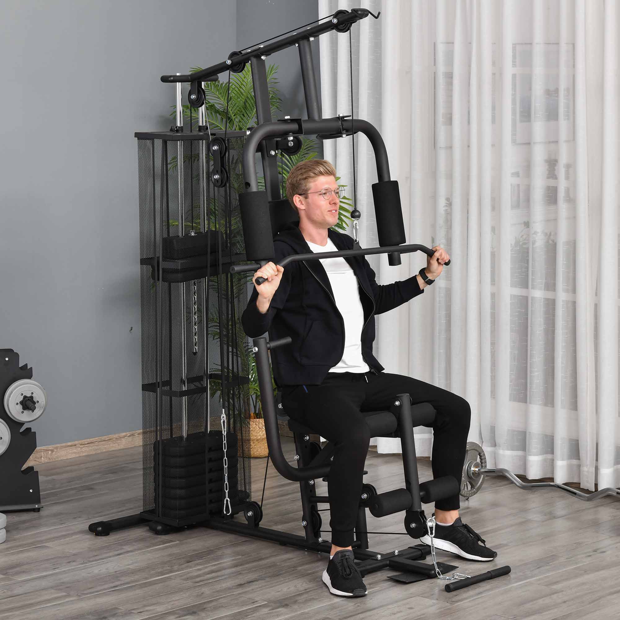 Power Station Fitness Station Fitness Equipment Multifunction Strength Training Multi-Station Training Station with Lat Pulldown Butterfly Bar 45kg Weights Rope, Fitness Equipment for Home Black