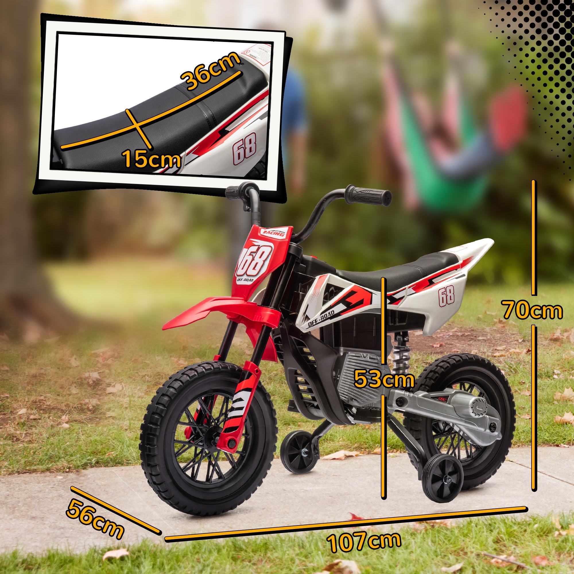Kids Electric Motorcycle, Motocross for Children 3-6 Years Old, 12V, 2 Powerful Motors, Max Speed 5 km/h, Training Wheels, Suspension System, with Music, Red