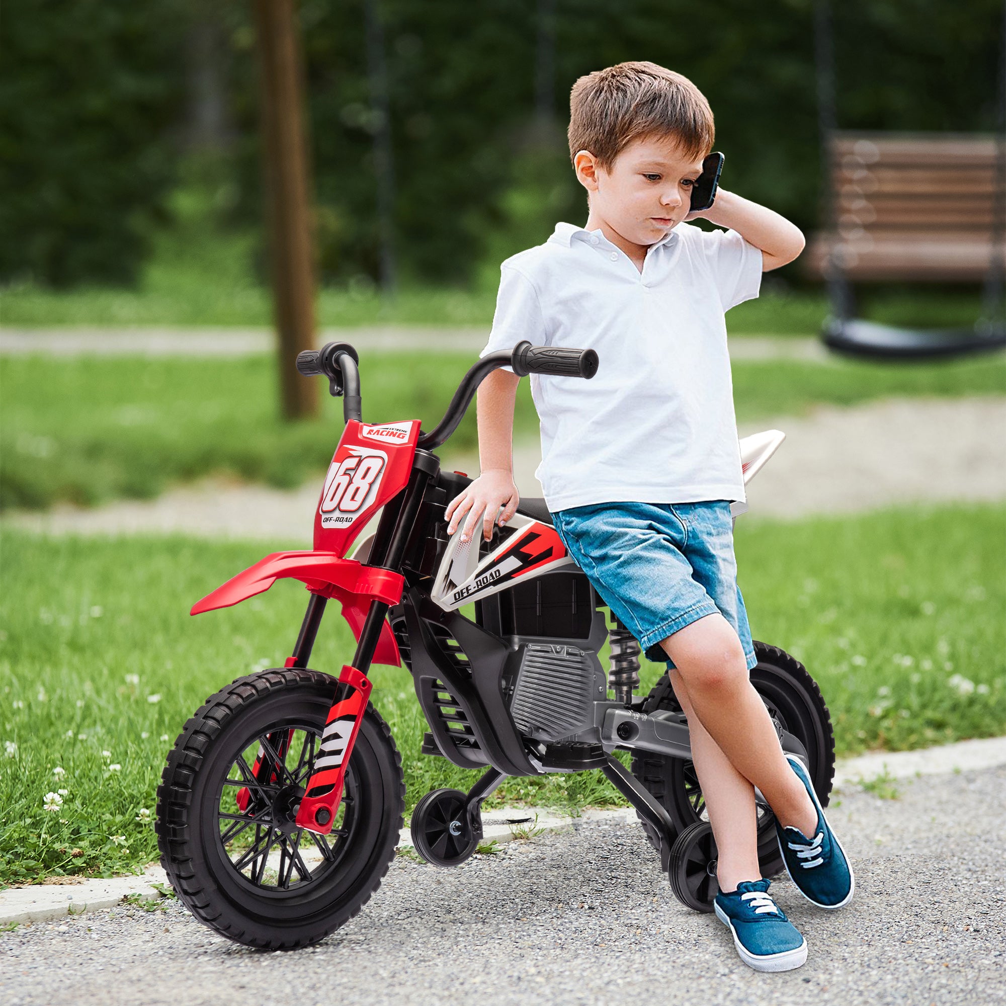 Kids Electric Motorcycle, Motocross for Children 3-6 Years Old, 12V, 2 Powerful Motors, Max Speed 5 km/h, Training Wheels, Suspension System, with Music, Red