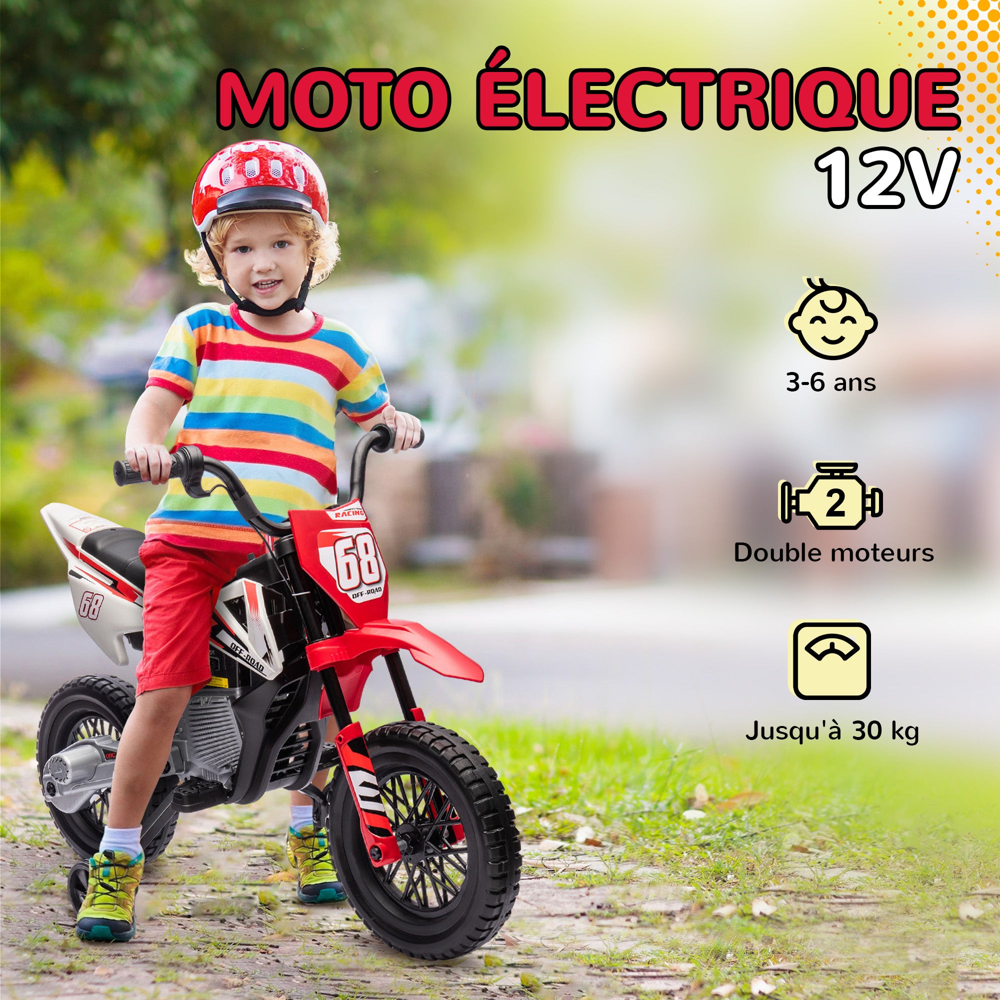 Kids Electric Motorcycle, Motocross for Children 3-6 Years Old, 12V, 2 Powerful Motors, Max Speed 5 km/h, Training Wheels, Suspension System, with Music, Red