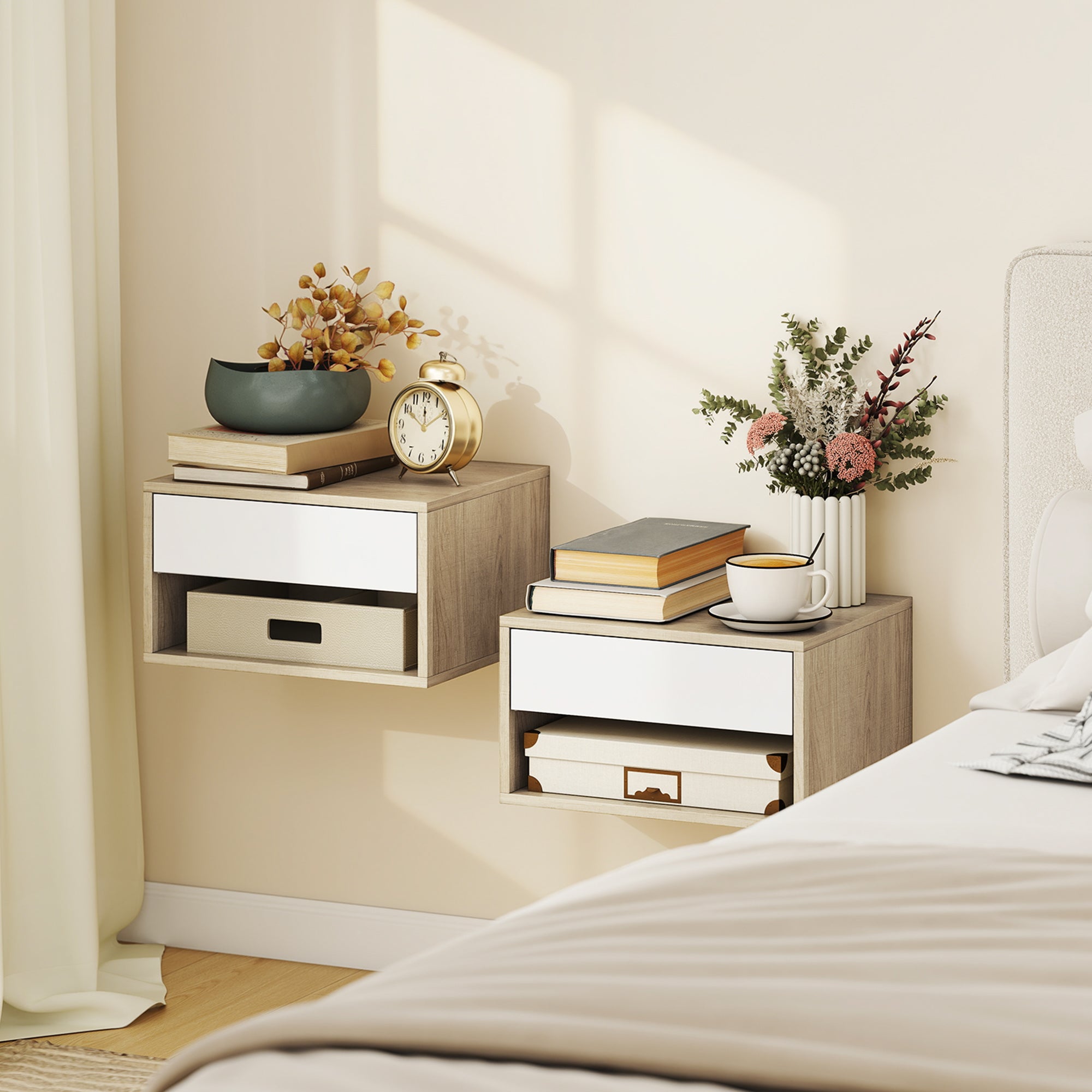 Set of 2 Floating Nightstands — Wall-Mounted Nightstands with Drawer & Open Shelf, Modern, 14.6 x 12.6 x 8.3 in, Natural Wood & White