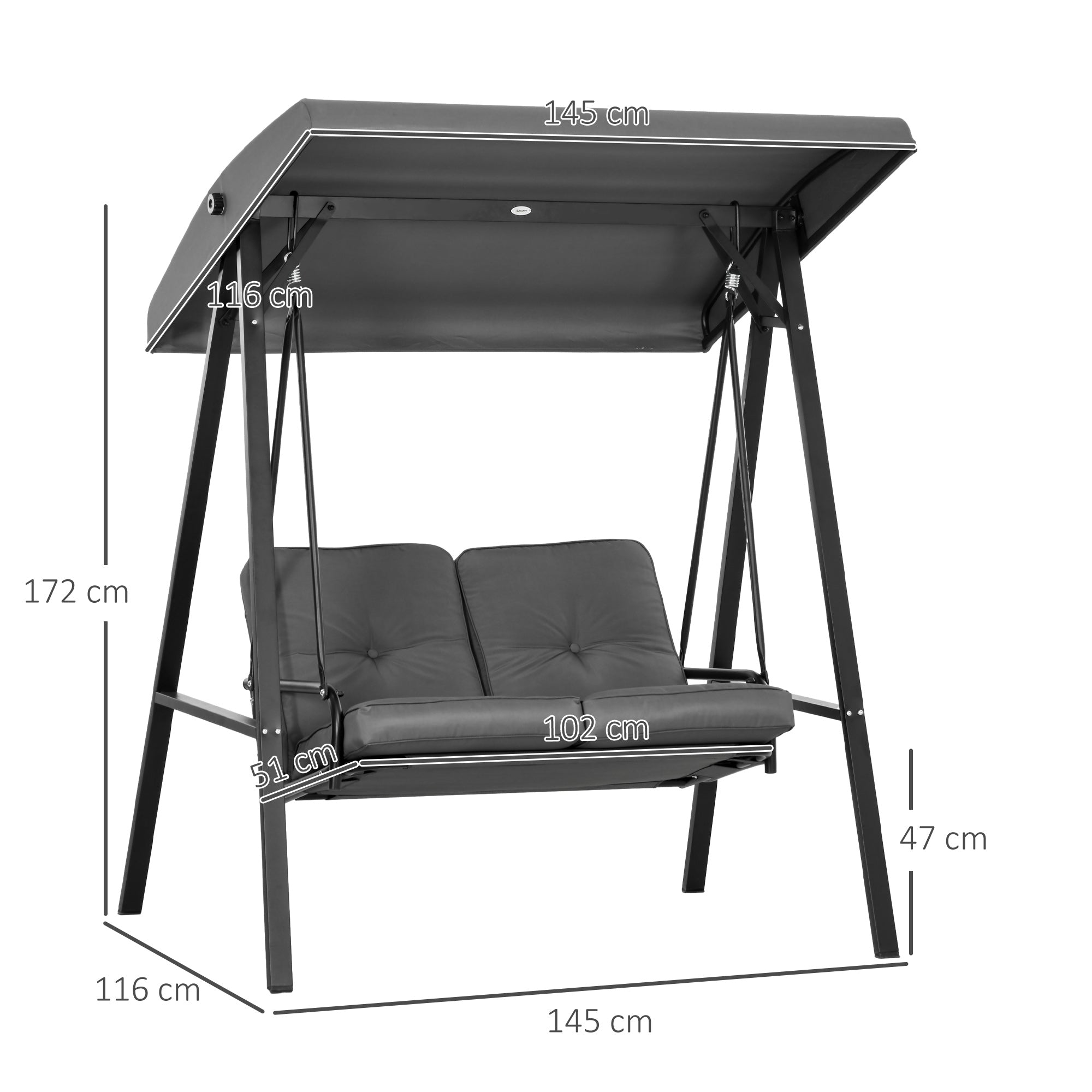 Hollywood 2-Seater Garden Swing with Adjustable Sunshade, Swing Bench Holds up to 220kg, Garden Lounger for Garden, Patio, 145 x 116 x 172 cm, Dark Gray