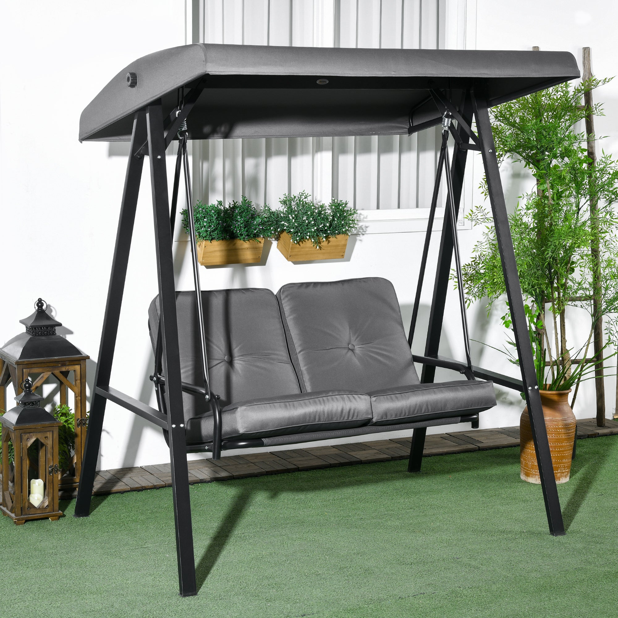 Hollywood 2-Seater Garden Swing with Adjustable Sunshade, Swing Bench Holds up to 220kg, Garden Lounger for Garden, Patio, 145 x 116 x 172 cm, Dark Gray