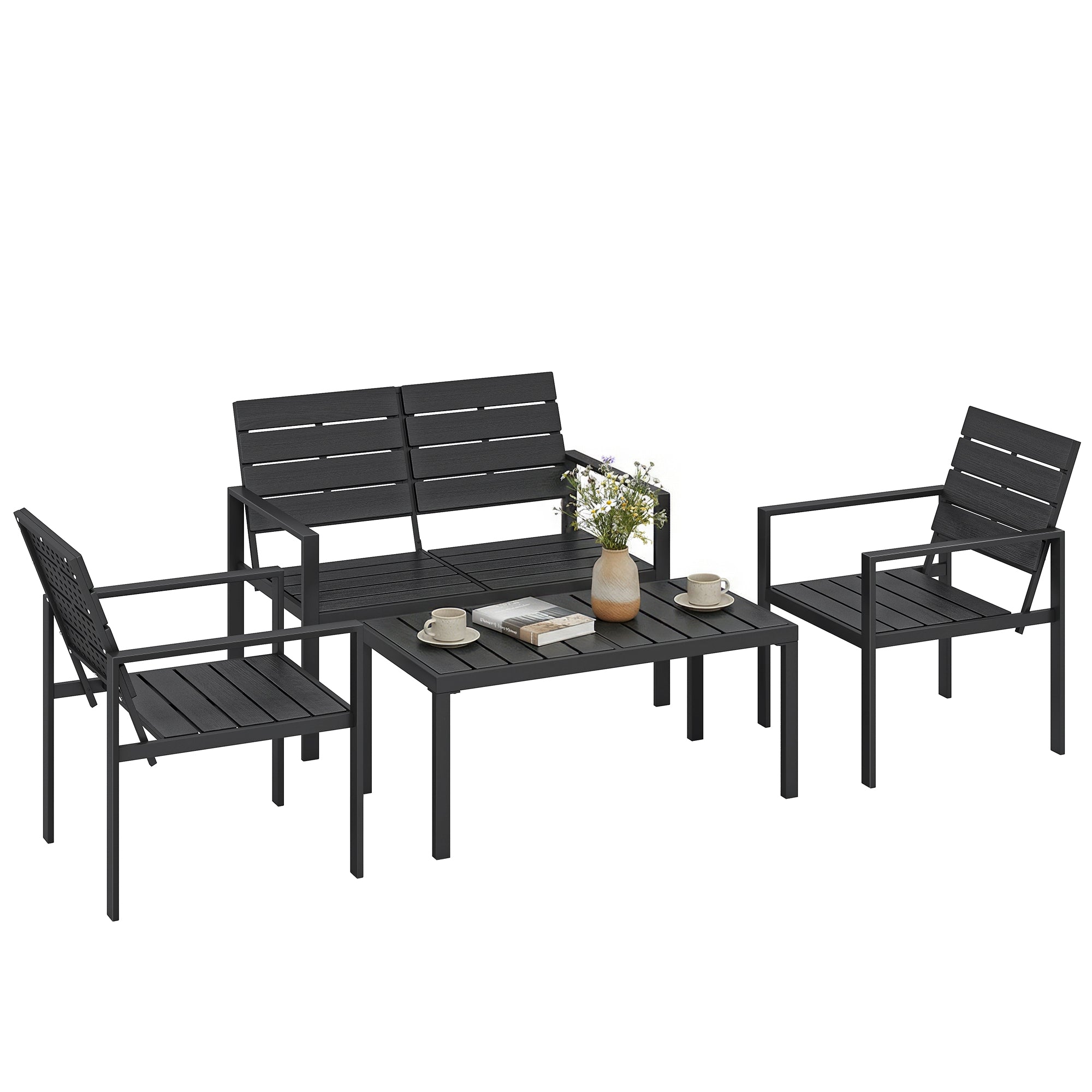 4-Piece Outdoor Garden Sofa Set with 2-Seat Loveseat, 2 Chairs & Coffee Table, Black