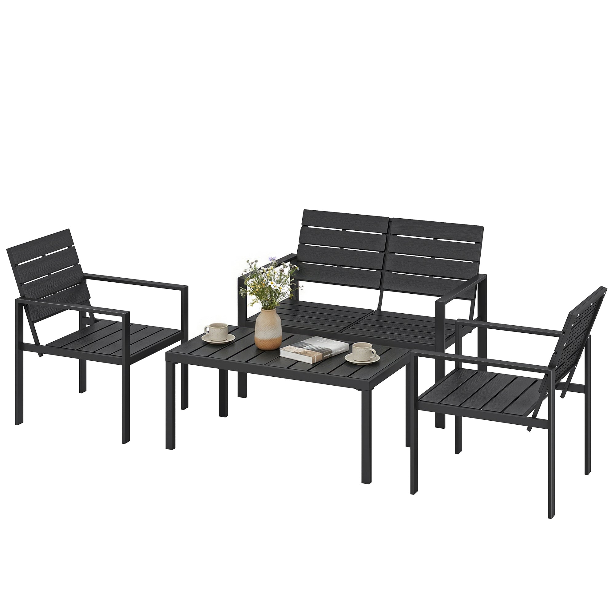 4-Piece Outdoor Garden Sofa Set with 2-Seat Loveseat, 2 Chairs & Coffee Table, Black