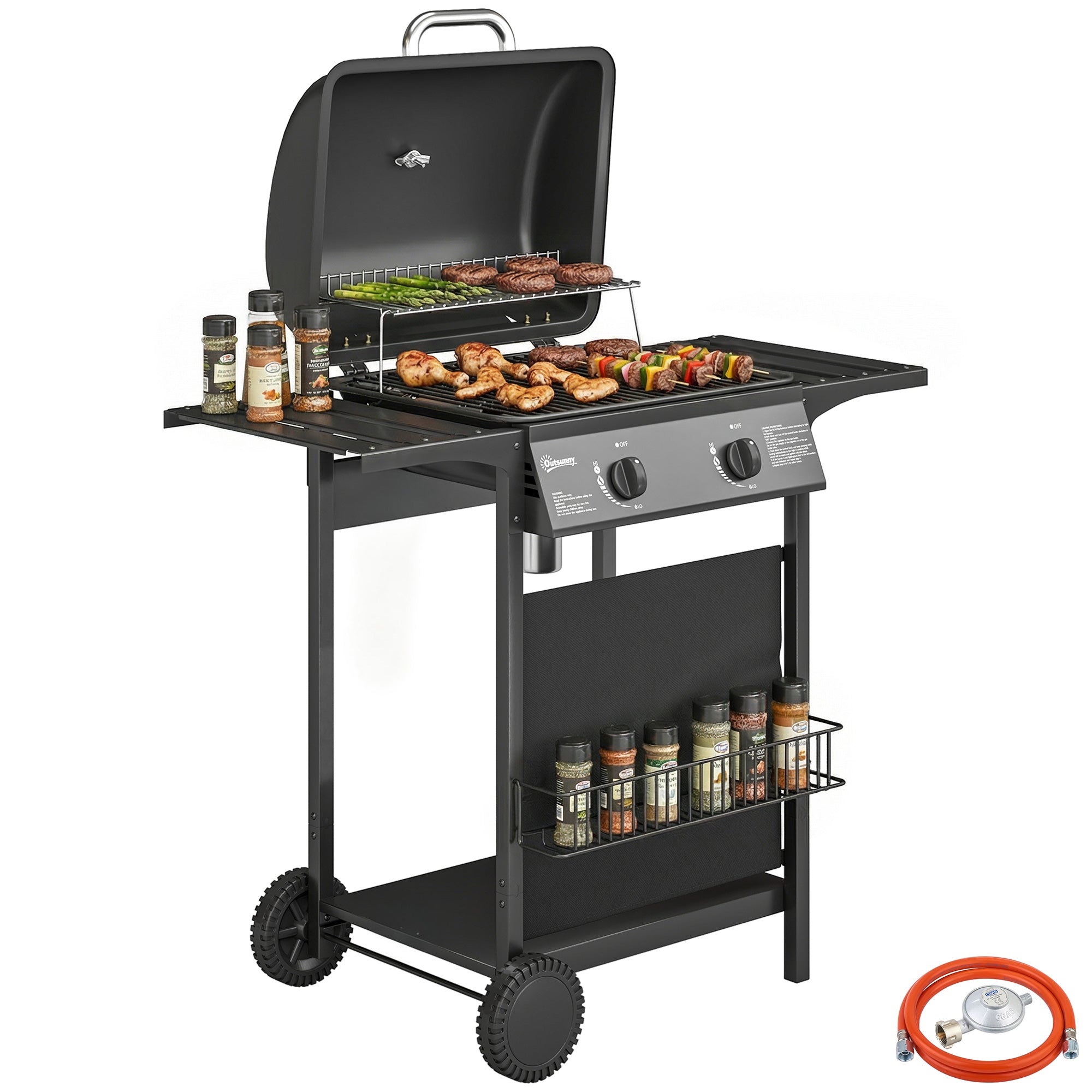 Gas Grill 5 kW 2-Burner BBQ Grill Cart, Stainless Steel — Side Table, Lower Shelf, Front Cover, Thermometer, Enamel Grate, Warming Rack, Drip Tray, Wheels