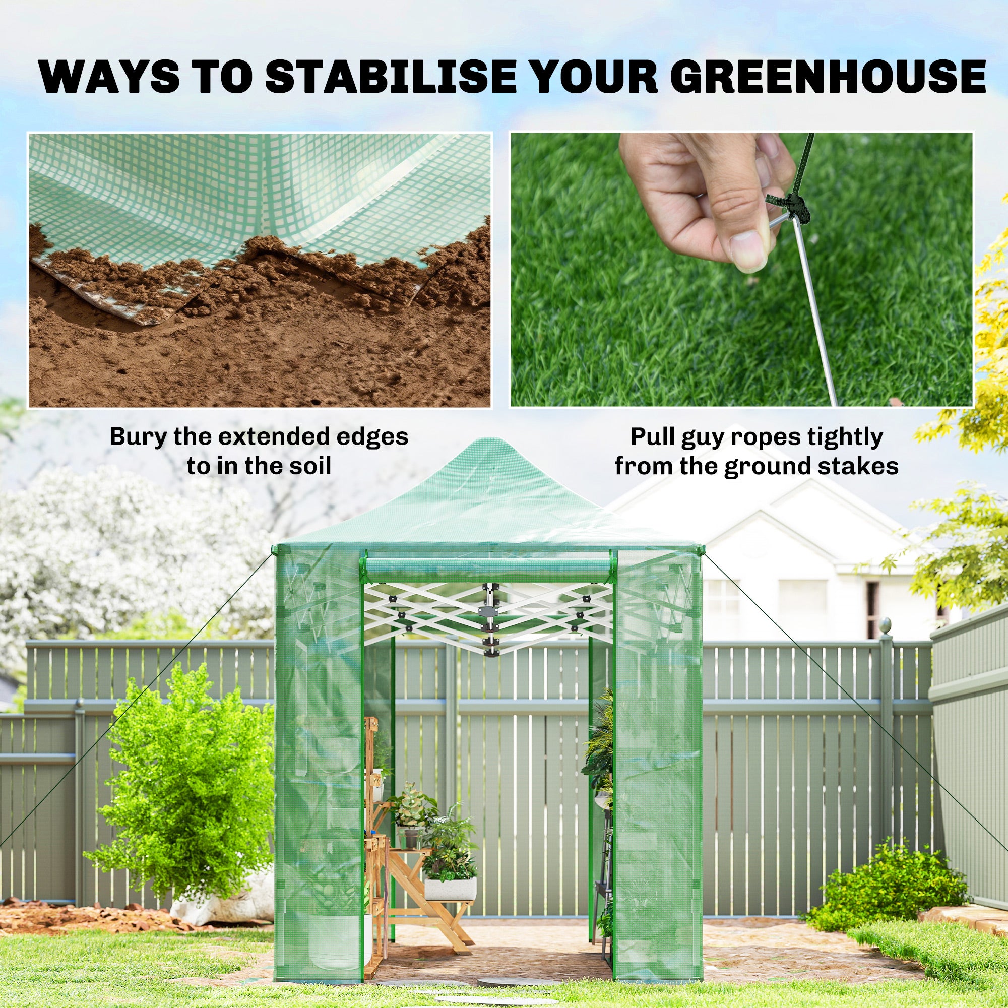 Foldable Pop-Up Greenhouse, 295×200×270 cm (PE Polytunnel) with Gable Roof, Roll-Up Zip Doors & Mesh Windows, Sturdy Metal Frame — Green