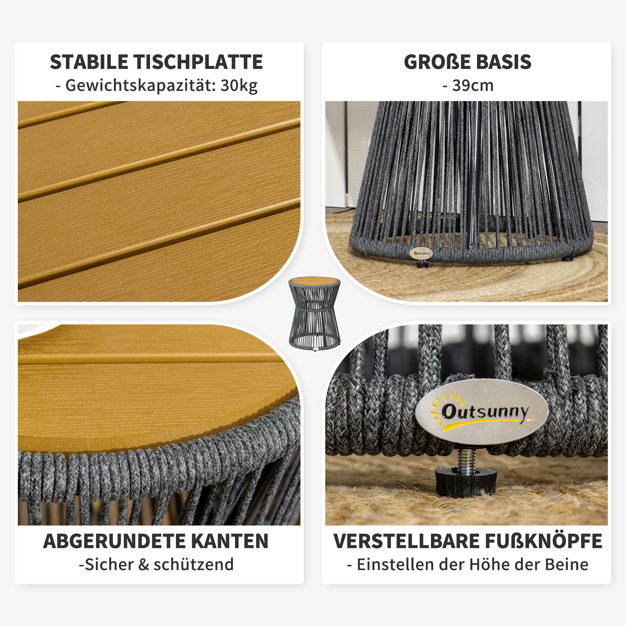 Rattan Side Table, Bistro Table, Coffee Table with Plastic Tabletop, Garden Table with Adjustable Feet, for Patio, Aluminum Dark Gray + Natural