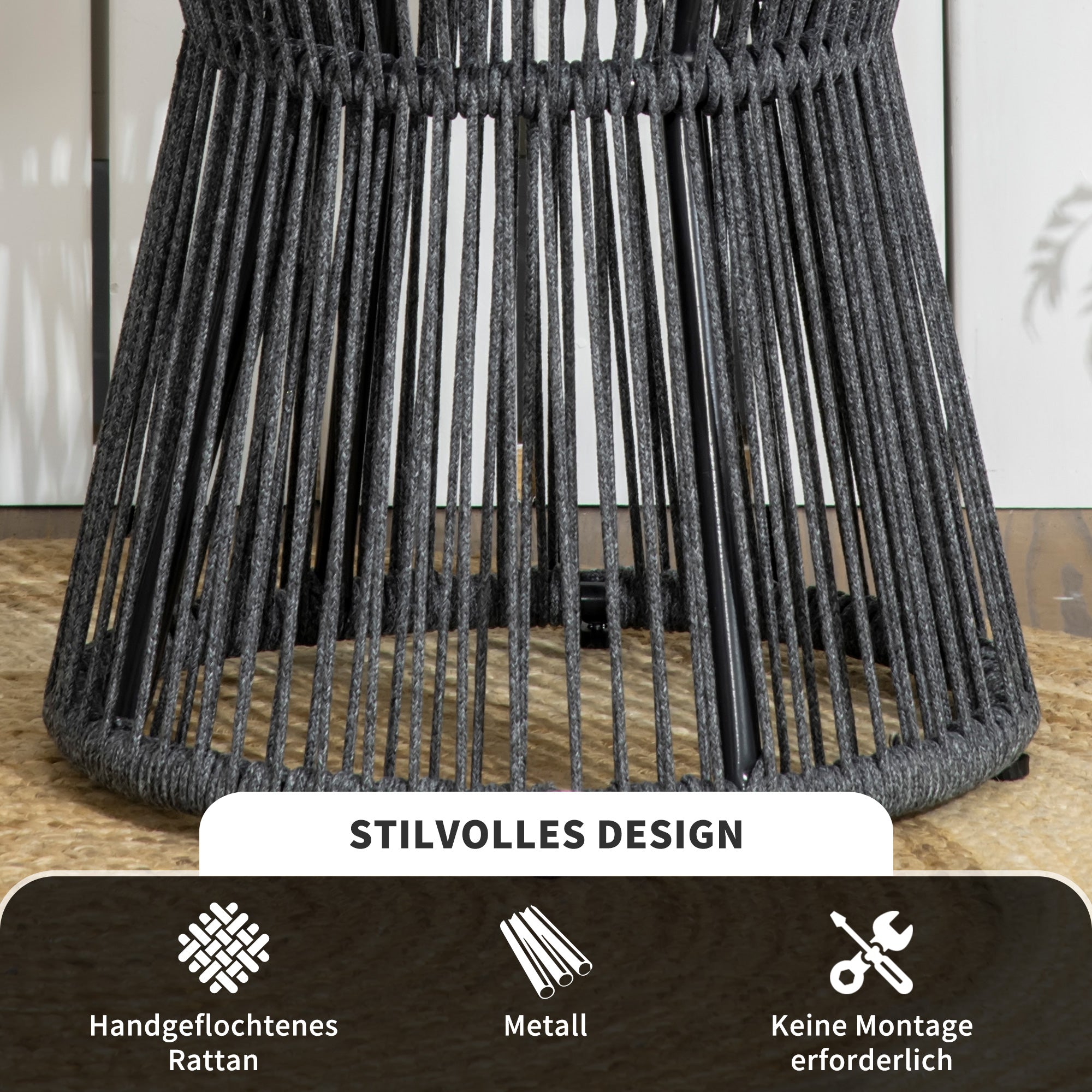 Rattan Side Table, Bistro Table, Coffee Table with Plastic Tabletop, Garden Table with Adjustable Feet, for Patio, Aluminum Dark Gray + Natural