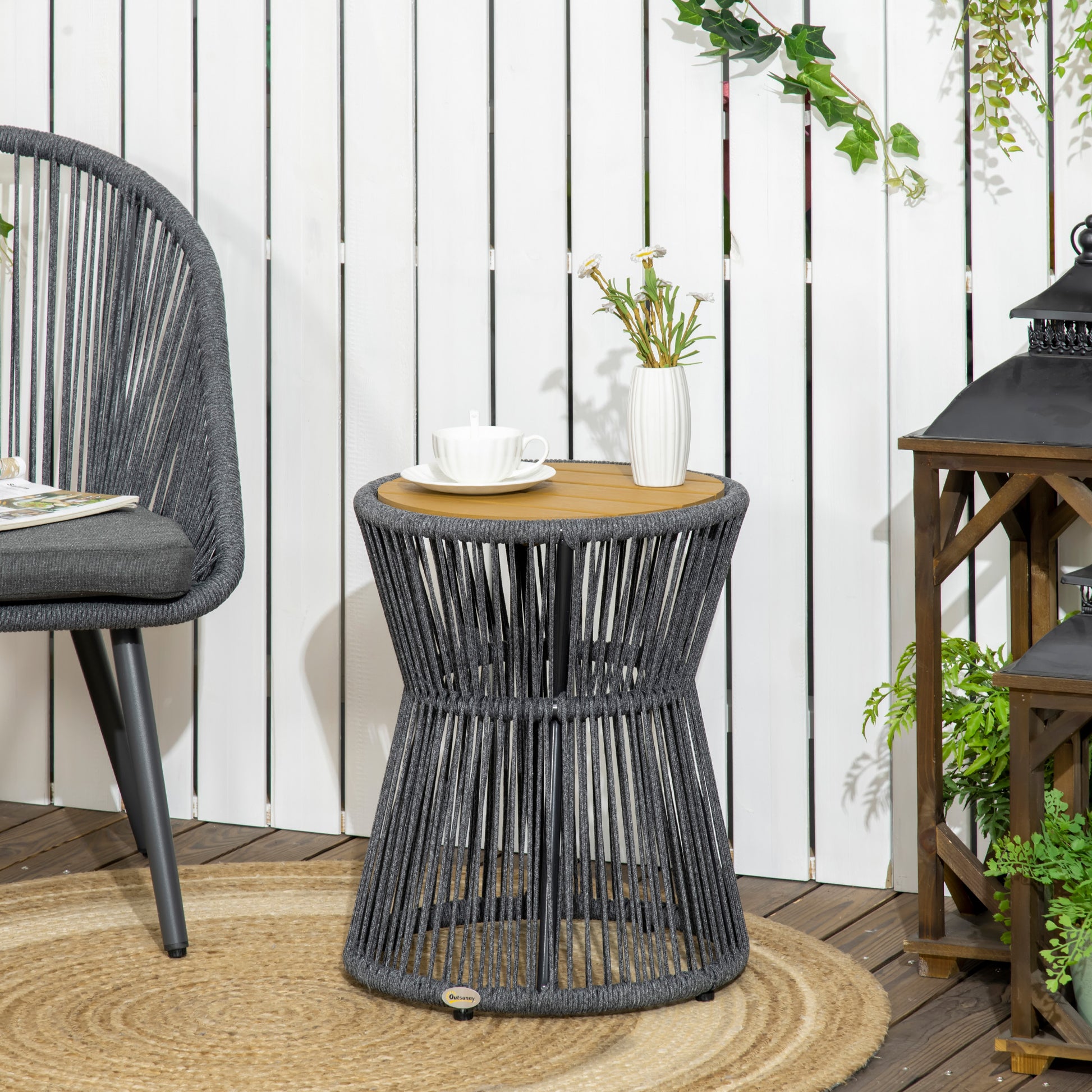 Rattan Side Table, Bistro Table, Coffee Table with Plastic Tabletop, Garden Table with Adjustable Feet, for Patio, Aluminum Dark Gray + Natural