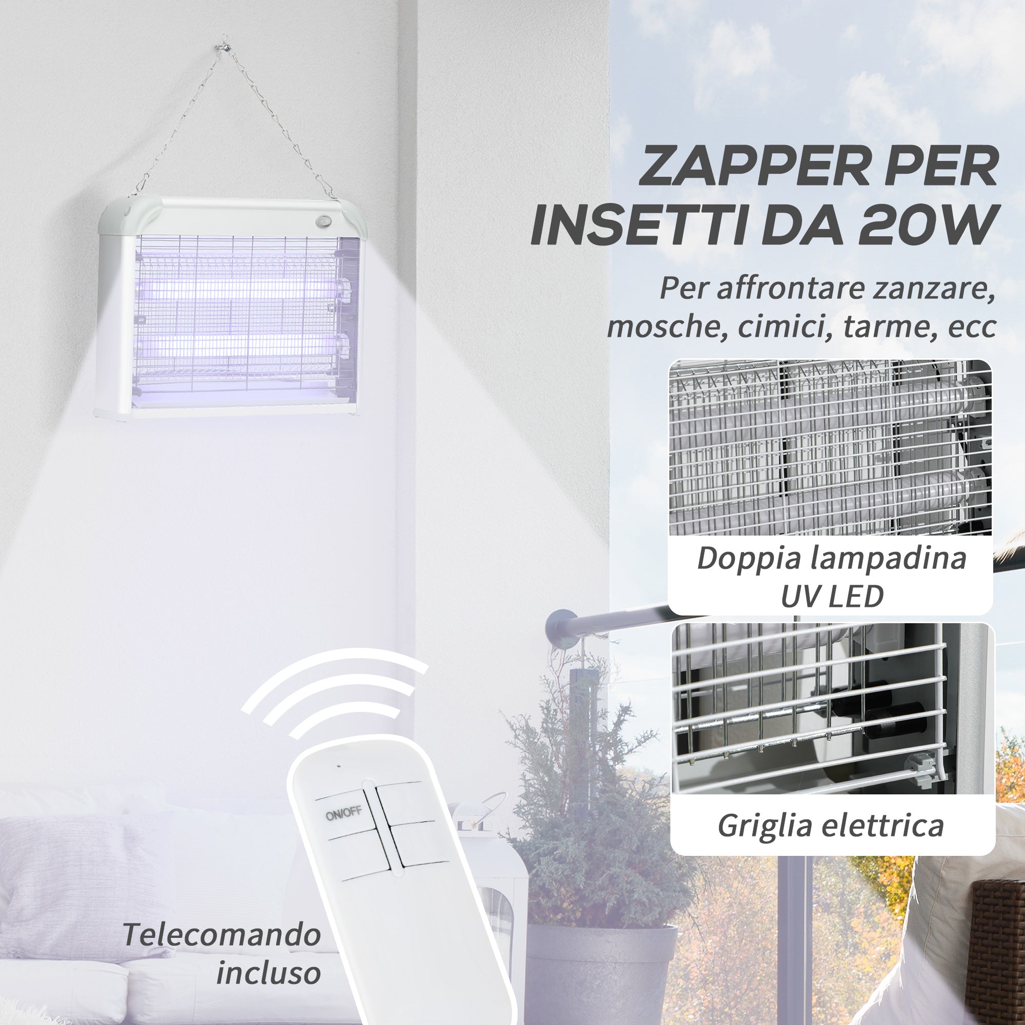 20W LED UV Mosquito and Insect Zapper with Removable Tray, White Mosquito Lamp in ABS and Metal, 39x8x28 cm