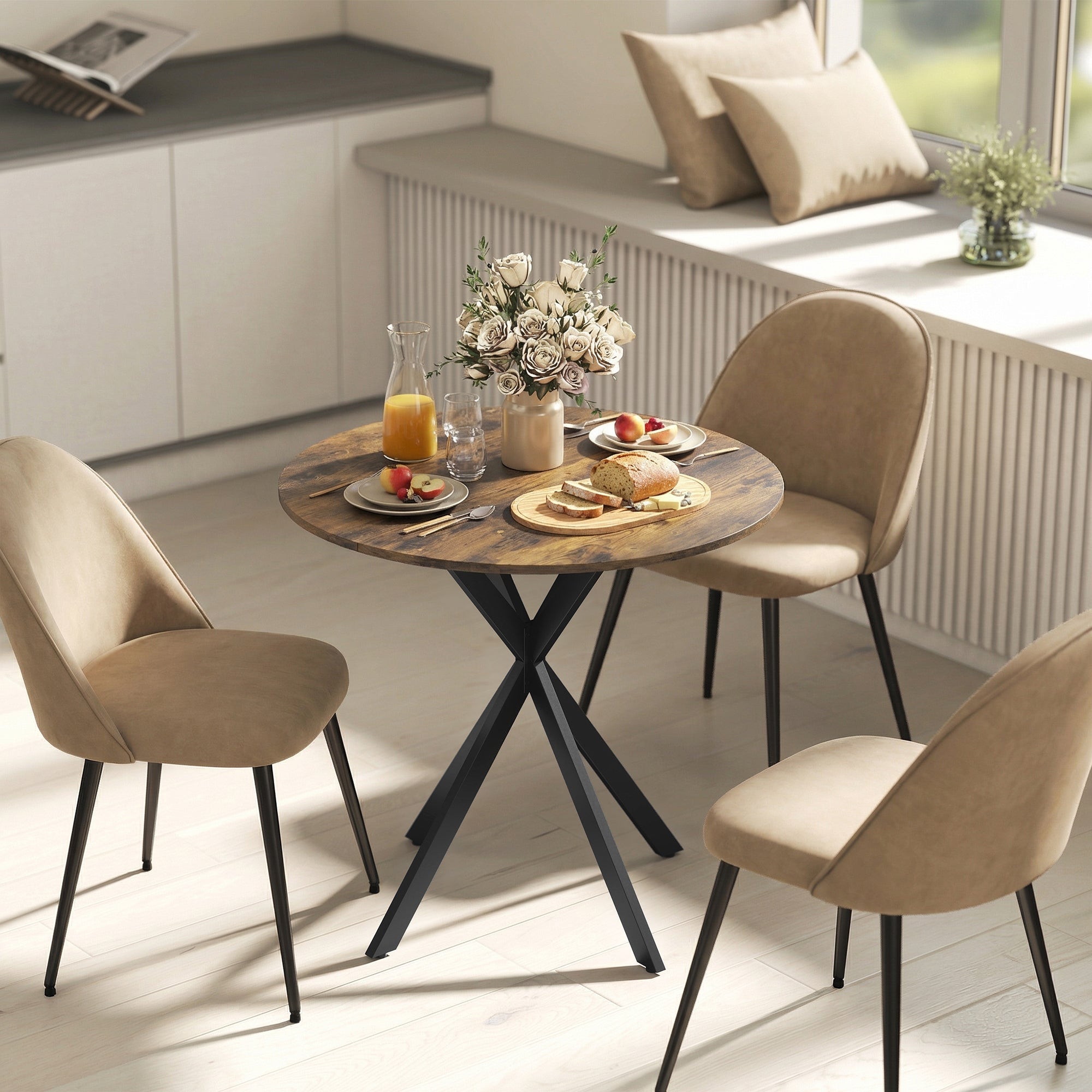 Round Dining Table (31.5 in Ø) Industrial Style with Steel Legs — Kitchen, Dining, Home Office, Rustic Brown