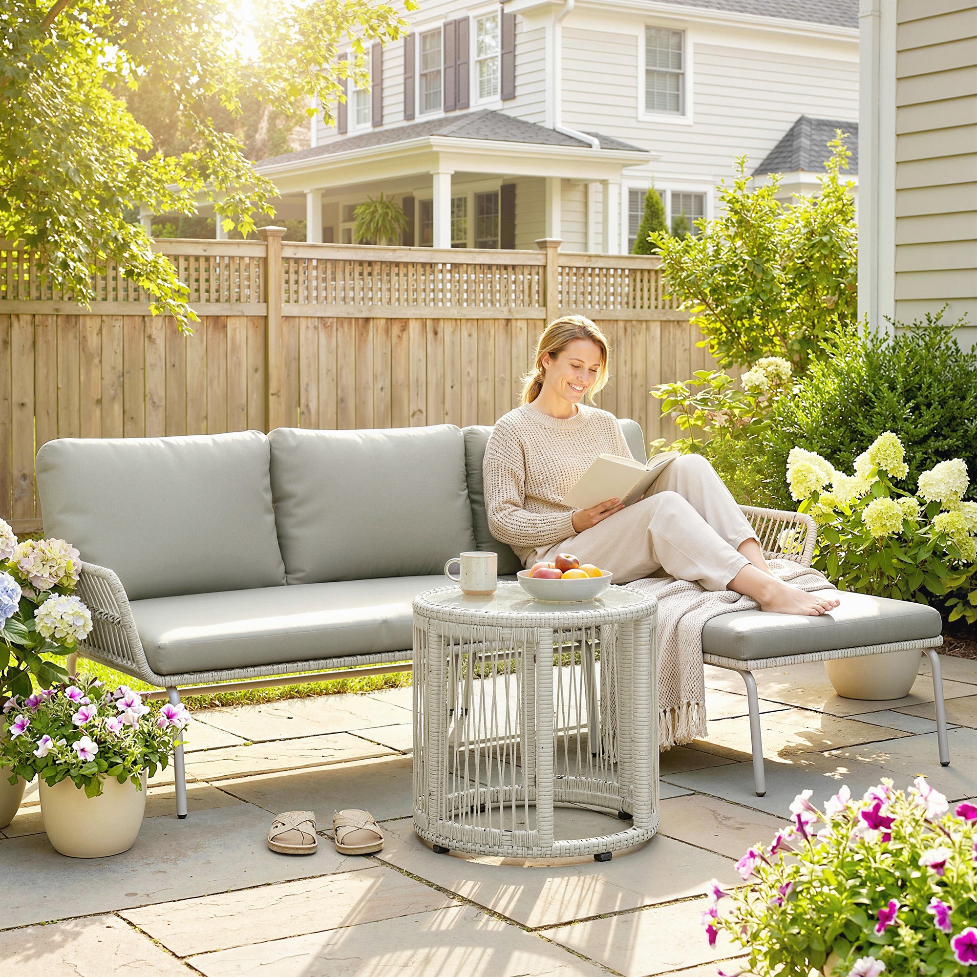 3-Piece PE Rattan Outdoor Lounge Set — 2-Seater Sofa with Chaise & Glass Coffee Table, Removable Cushions, Seats 3 (Light Gray)