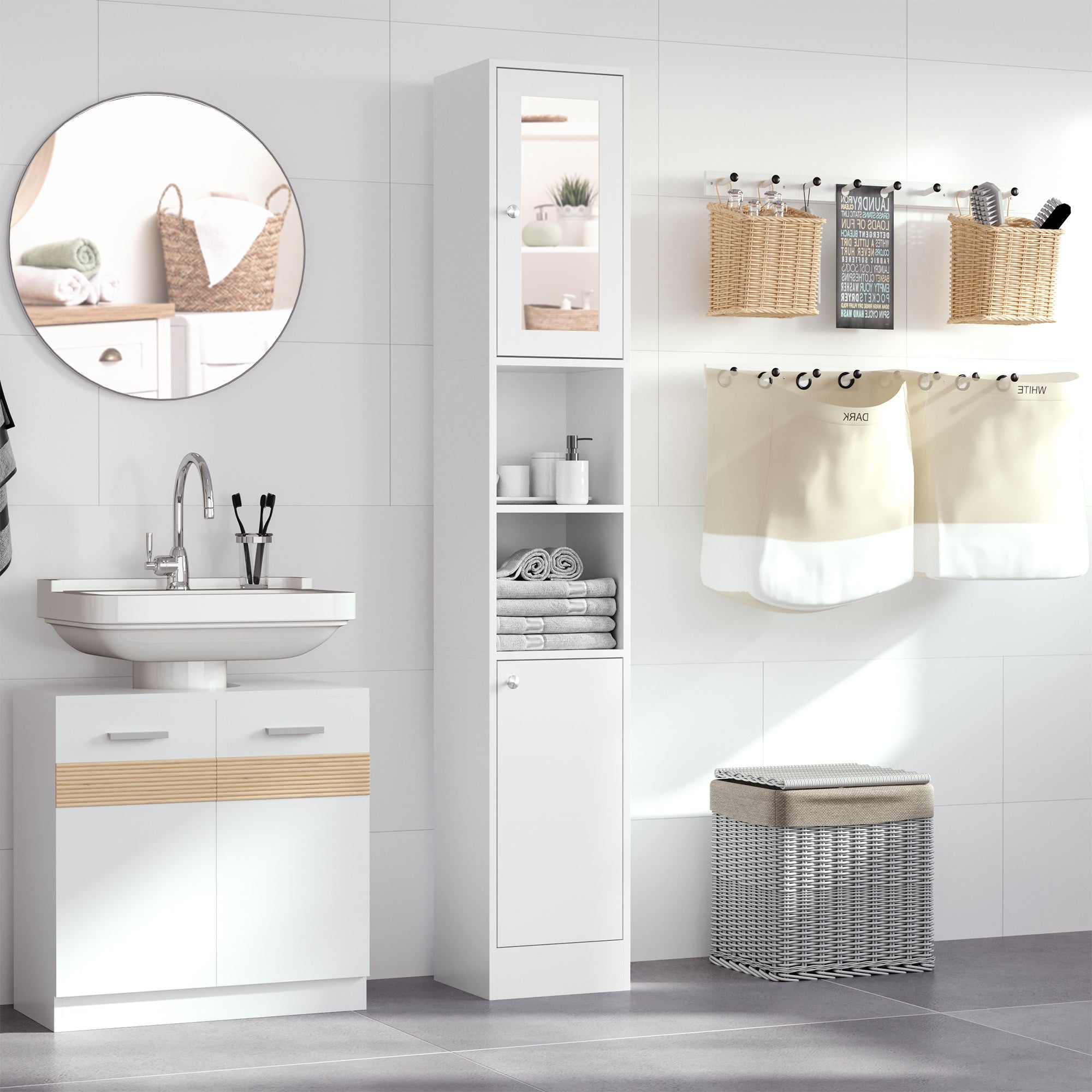 Tall Bathroom Cabinet with Mirror Bathroom Column Cabinet Wood with 2 Open Shelves 2 Doors and Adjustable Shelves 30x28x180 cm White